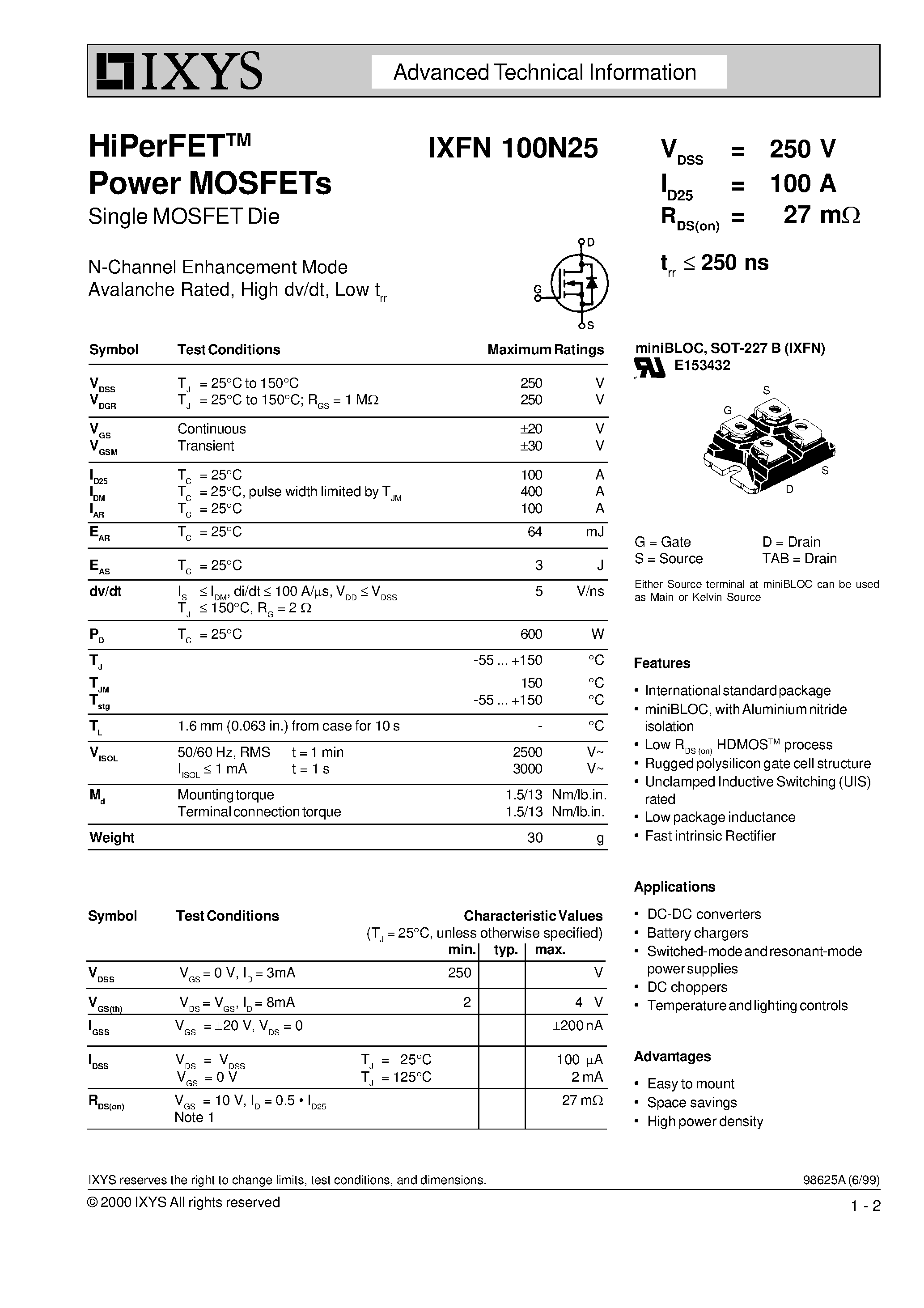 Datasheet IXFN100N25 - N-Channel Enhancement Mode Avalanche Rated page 1