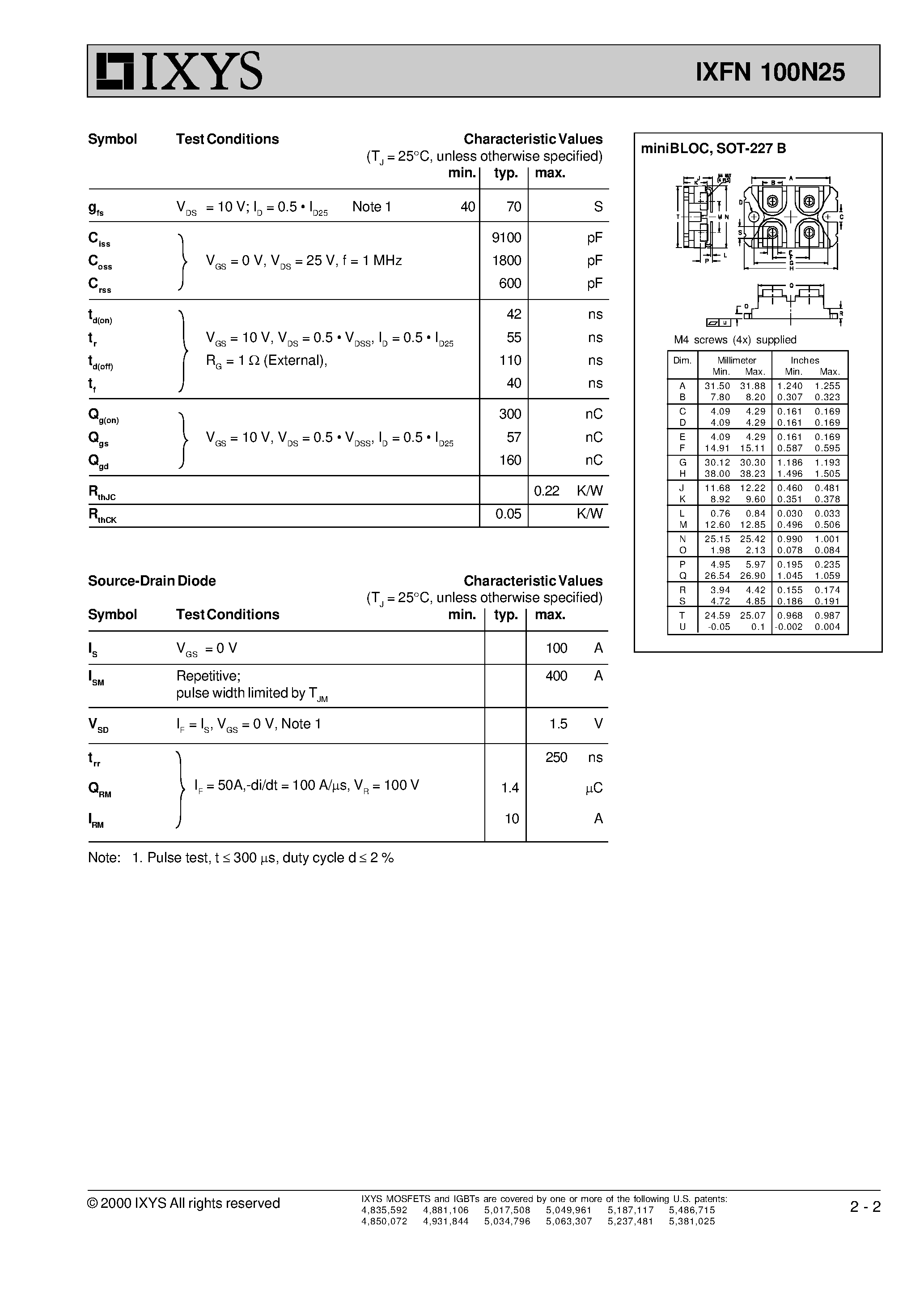 Datasheet IXFN100N25 - N-Channel Enhancement Mode Avalanche Rated page 2
