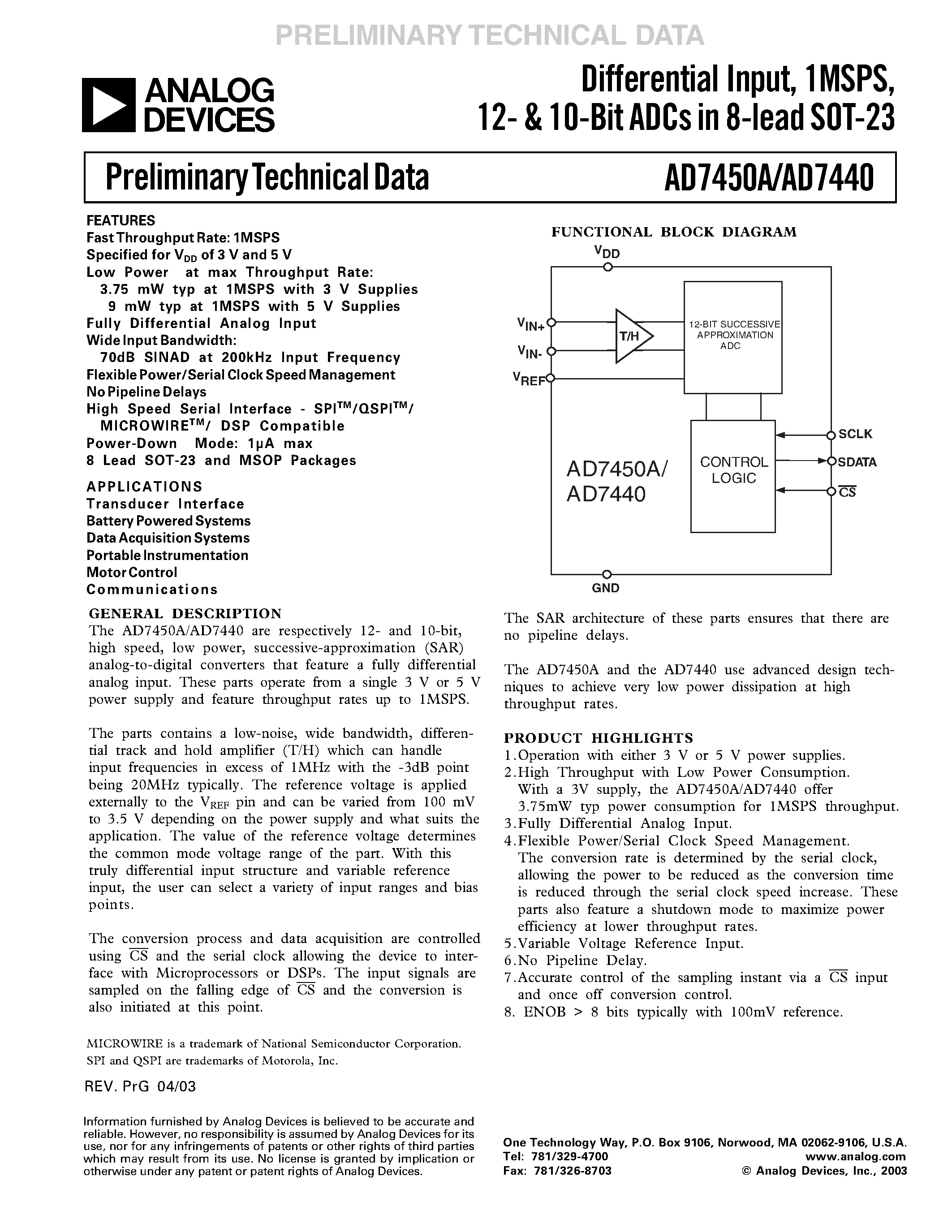 Datasheet AD7440 - (AD7440 / AD7450A) Differential Input / 1 MSPS 10-Bit and 12-Bit ADCs in an 8-Lead SOT-23 page 1