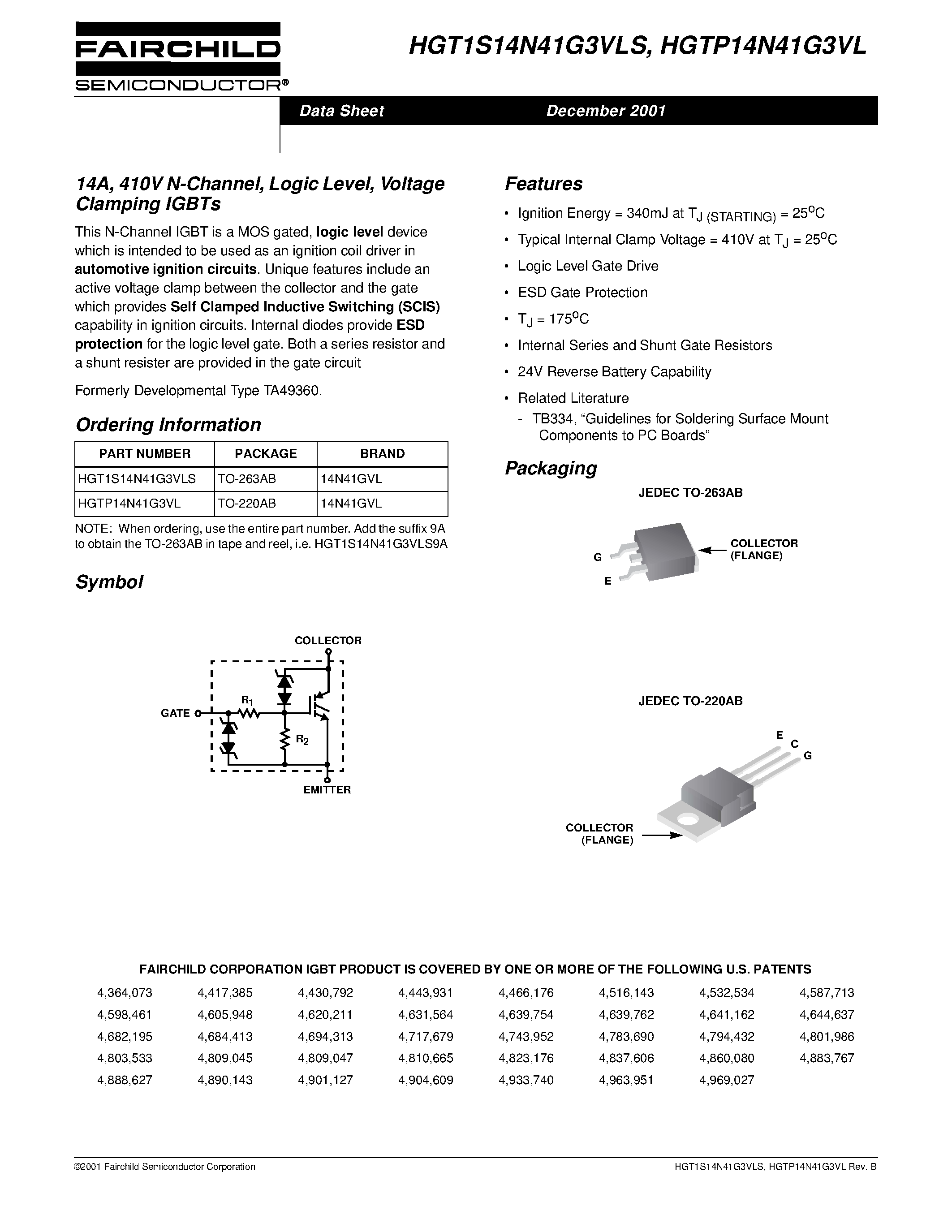 Datasheet HGTP14N41G3VL - 14A 410V N-Channel Logic Level Voltage Clamping IGBTs page 1