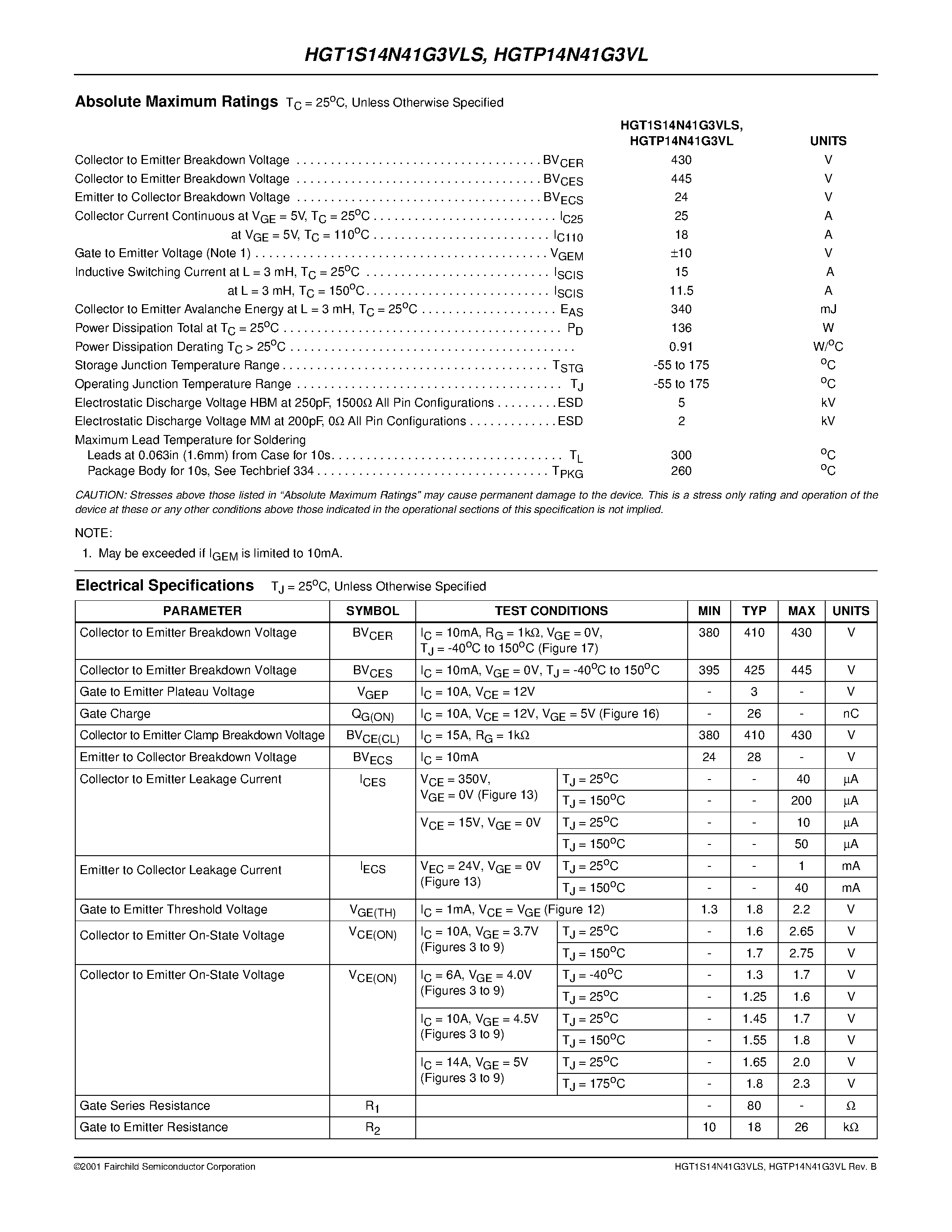 Datasheet HGTP14N41G3VL - 14A 410V N-Channel Logic Level Voltage Clamping IGBTs page 2