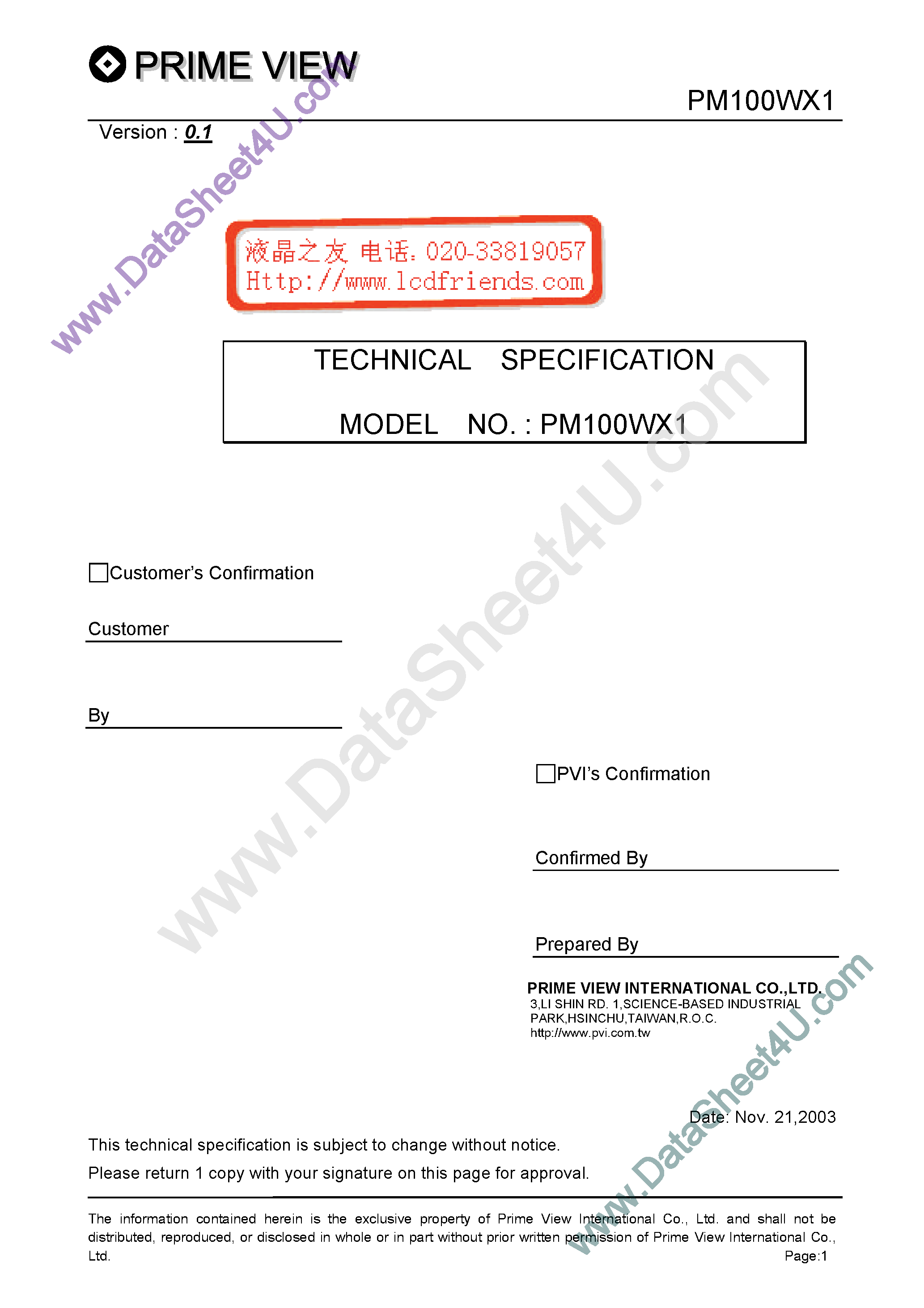 Datasheet PM100WX1-0 - LCD_Module page 1