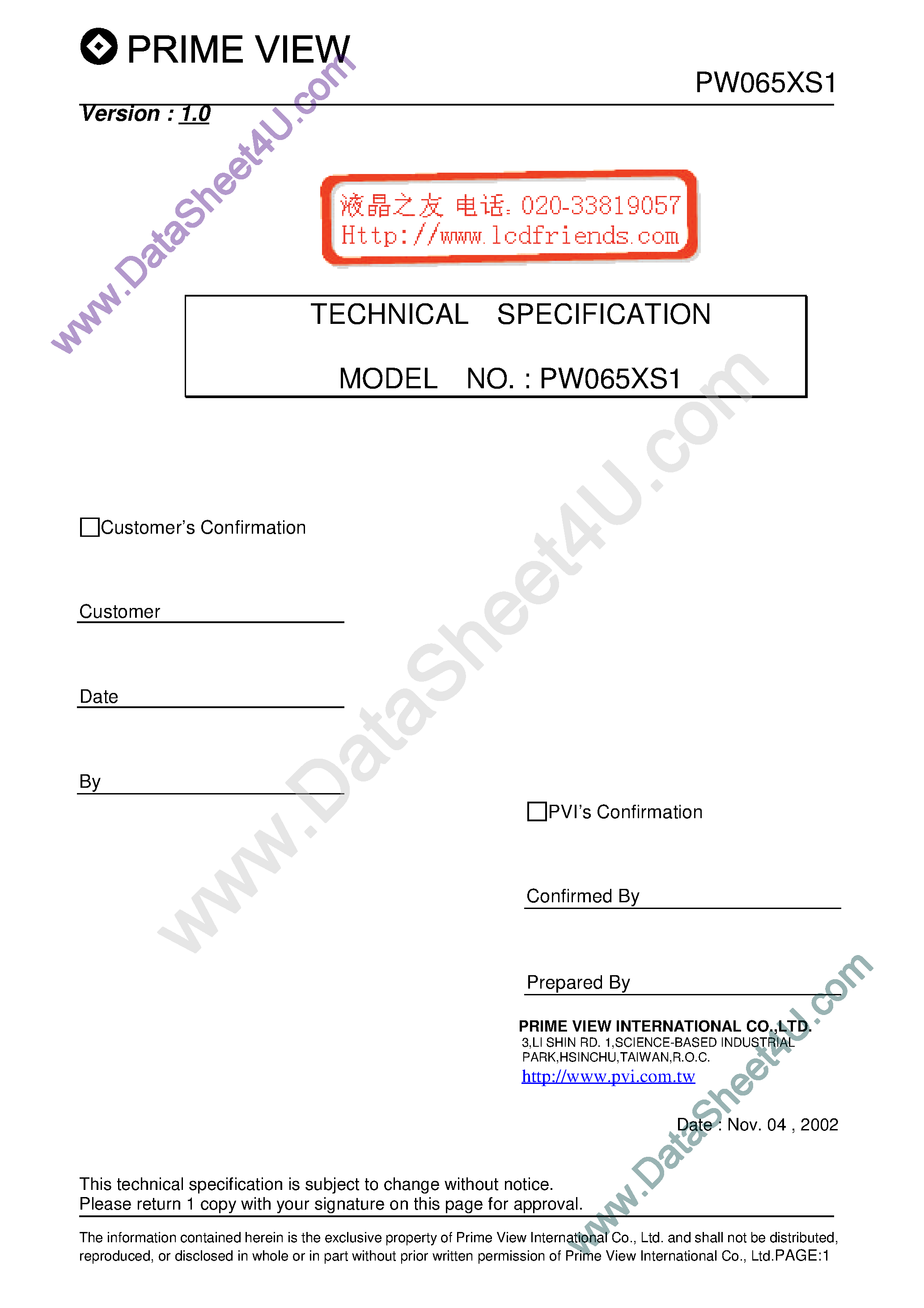 Datasheet PW065XS1-1 page 1 Datasheet PW065XS1-1 - LCD_Module page 1