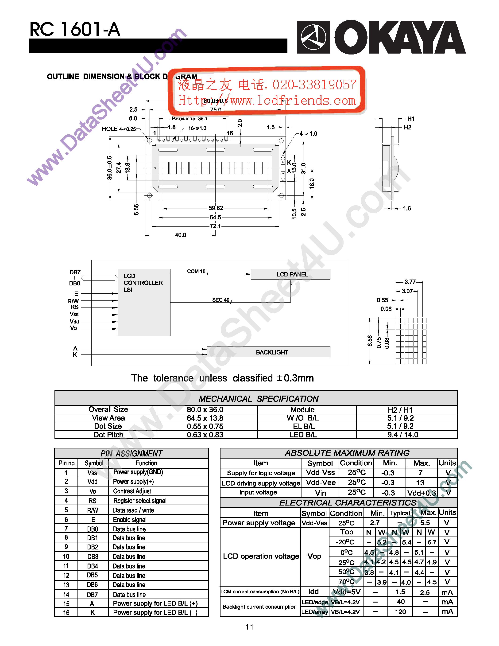 Datasheet RC1601-A - LCD_Module page 1