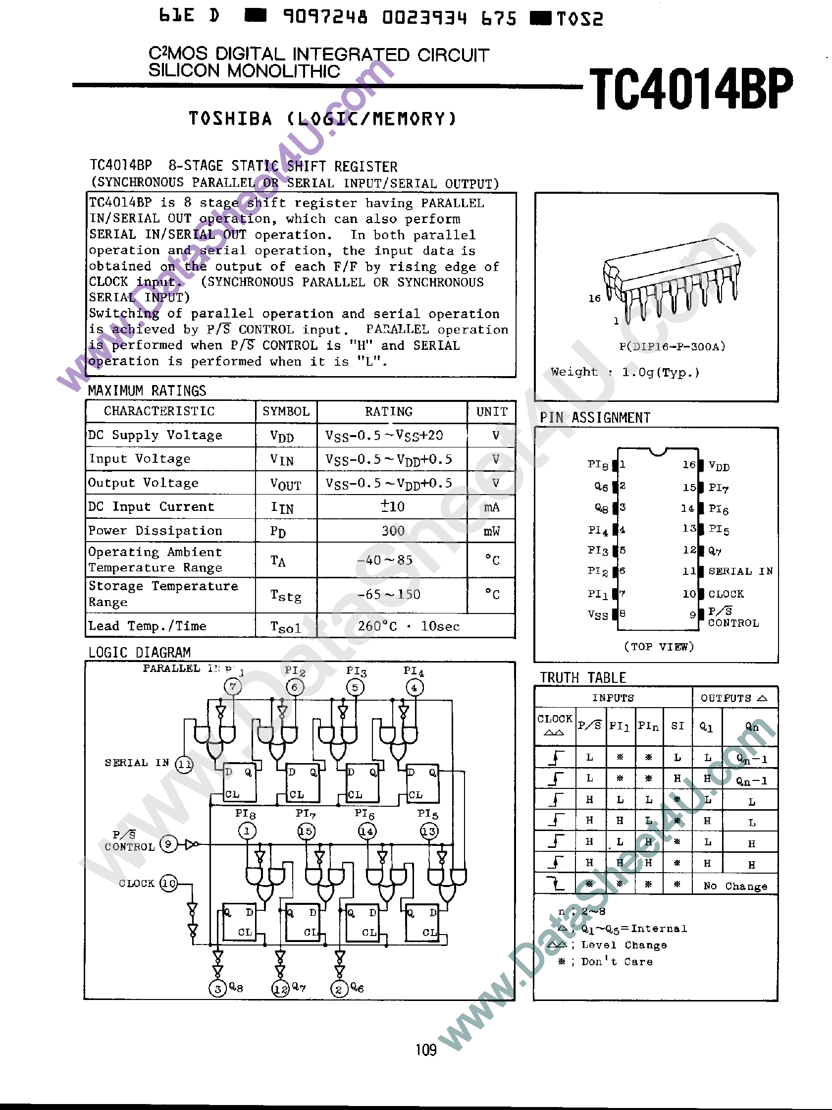 Datasheet TC4014BP page 1 Datasheet TC4014BP - 8-Stage Static Shift Register page 1