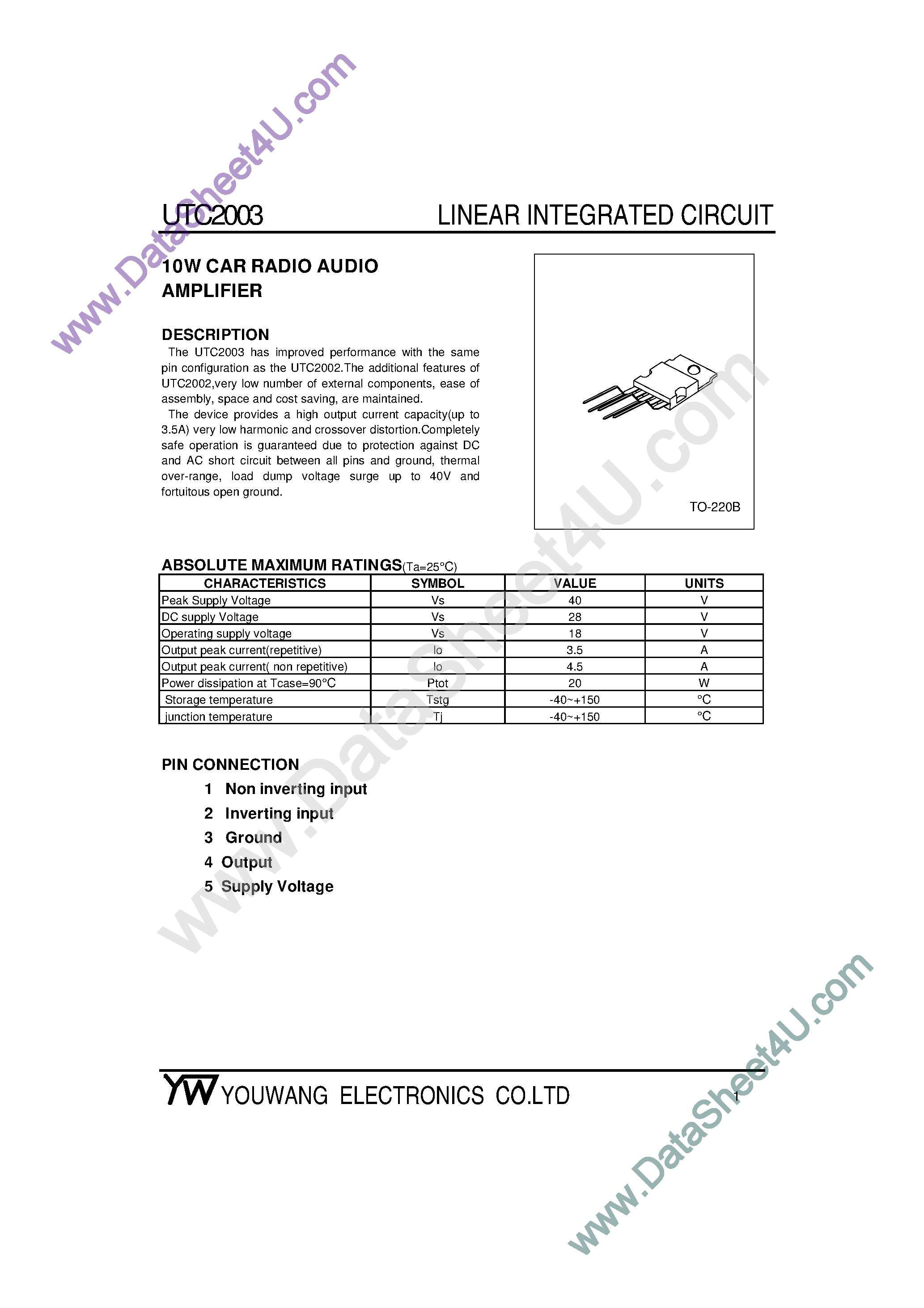 Даташит UTC2003 - 10W Car Radio Audio Amplifier страница 1