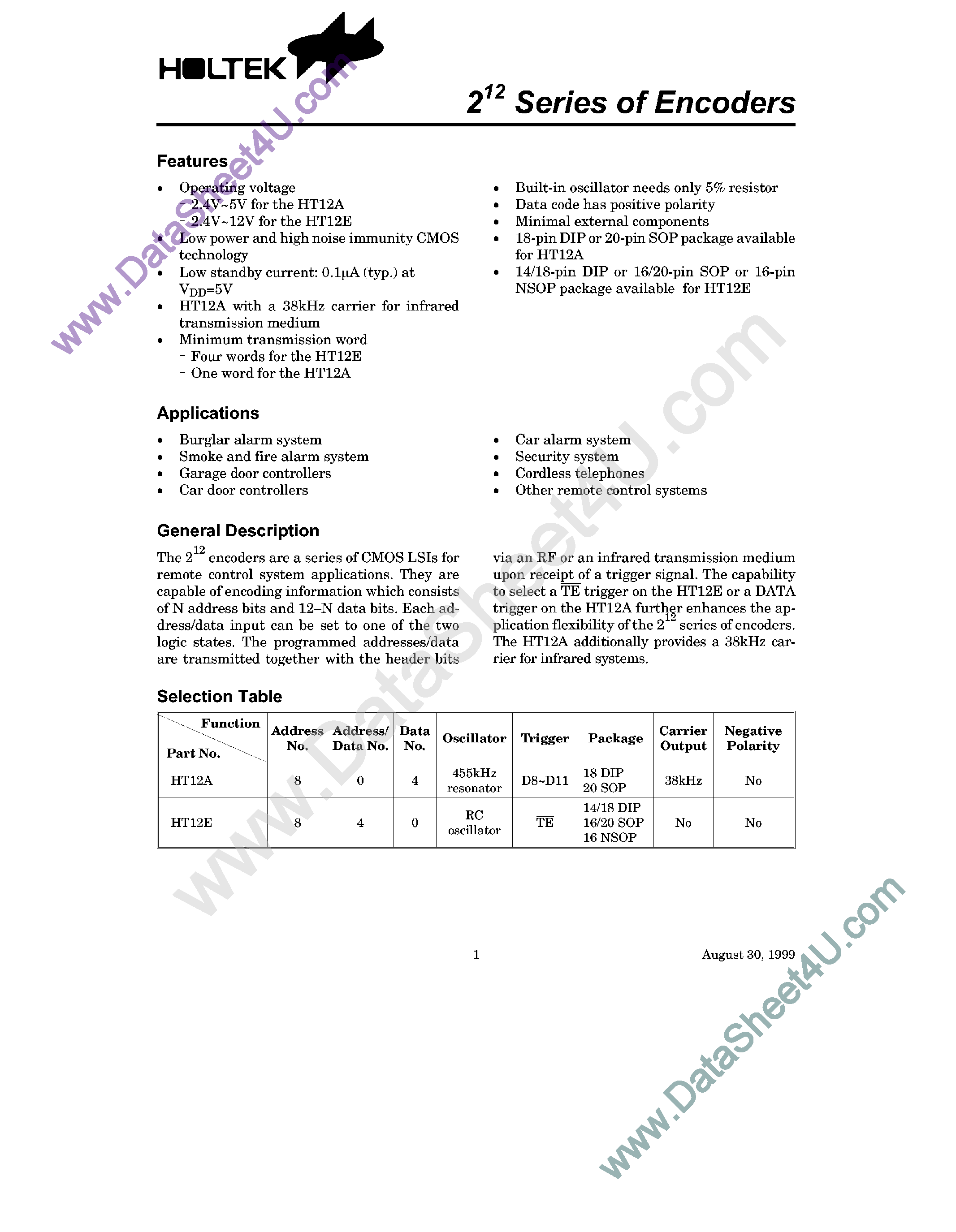 Даташит HT12E - (HT-12E/A) Encoders страница 1