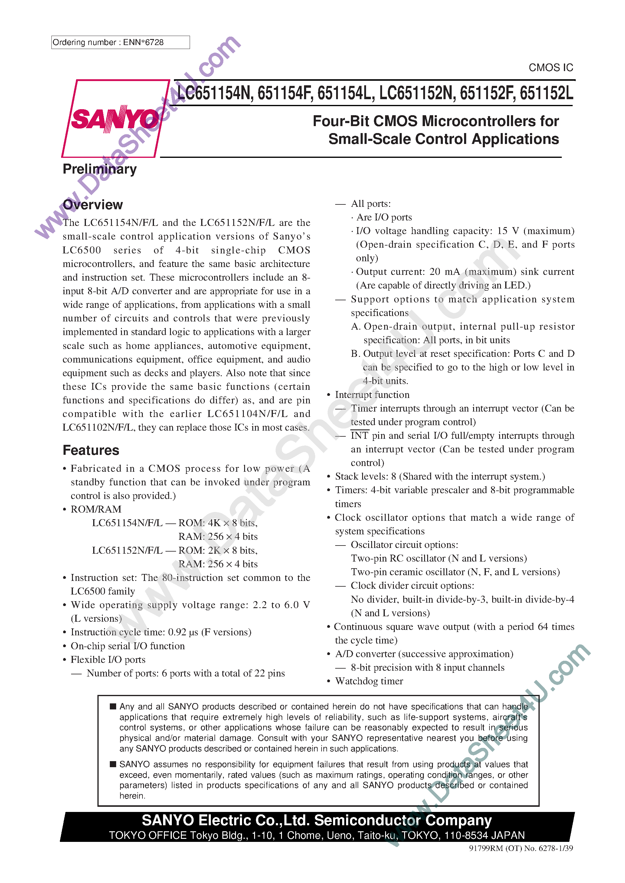 Даташит LC651152F - (LC6511xxx) 4-Bit CMOS Microcontrollers страница 1