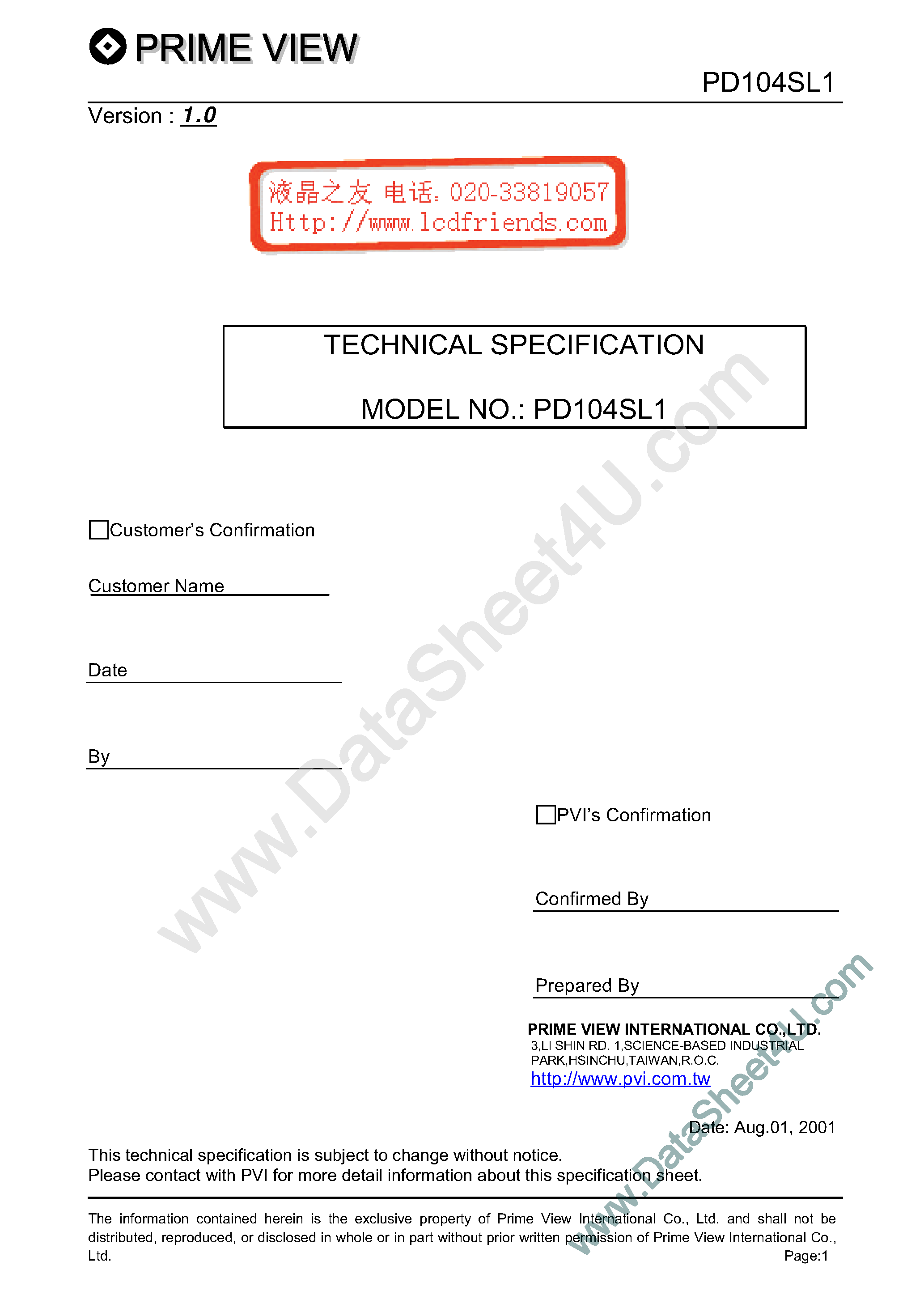 Datasheet PD104SL1 page 1 Datasheet PD104SL1 - LCD_Module page 1