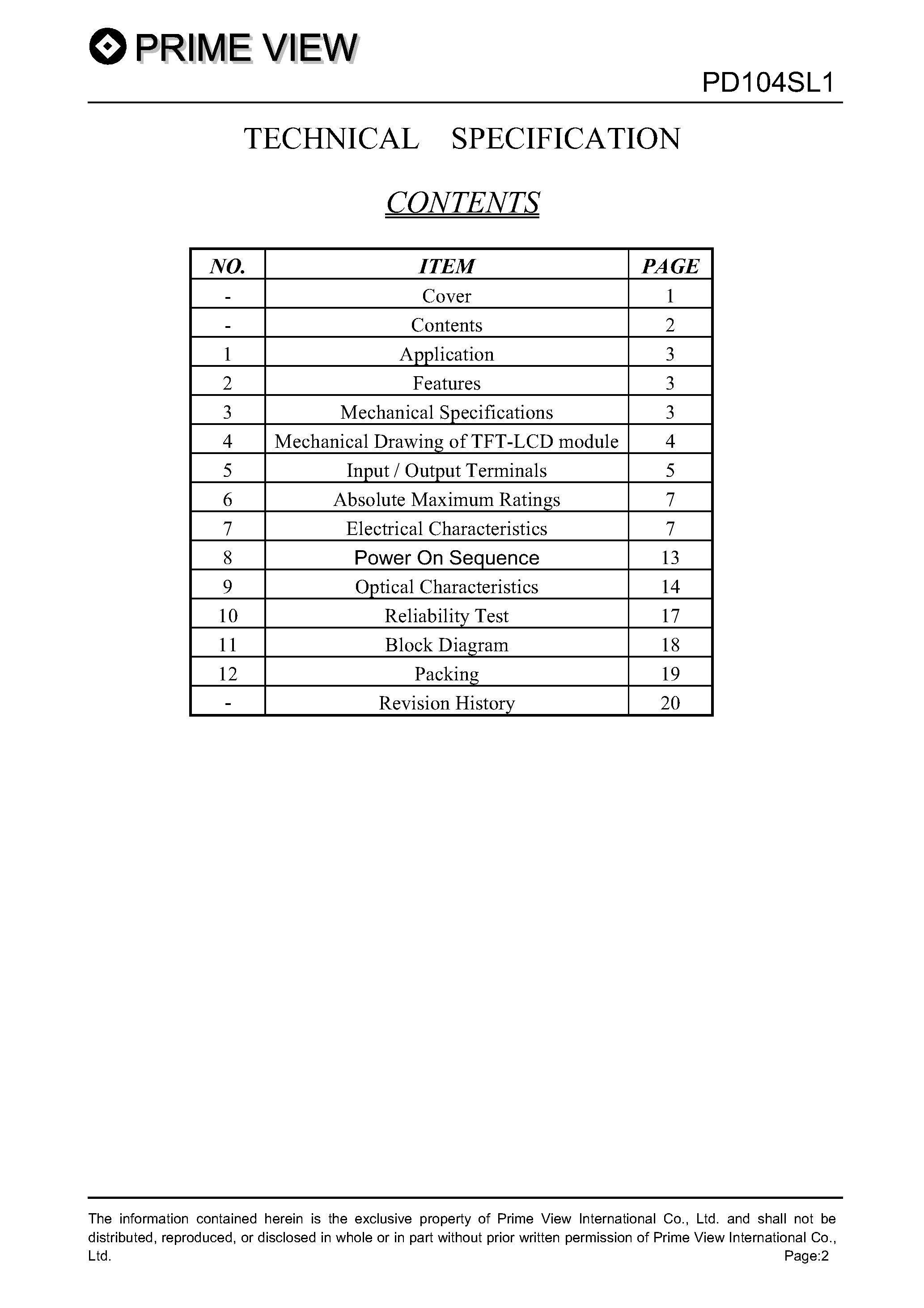 Datasheet PD104SL1 page 2 Datasheet PD104SL1 - LCD_Module page 2