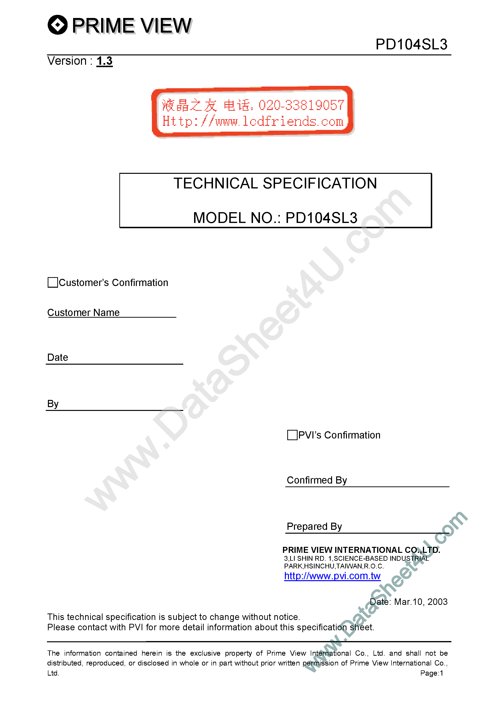 Datasheet PD104SL3 page 1 Datasheet PD104SL3 - LCD_Module page 1