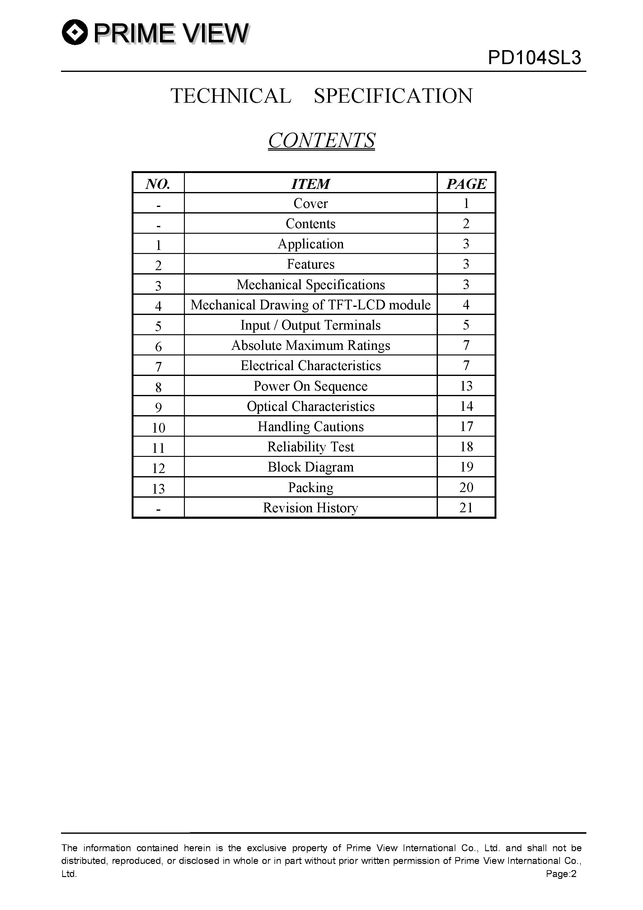 Datasheet PD104SL3 page 2 Datasheet PD104SL3 - LCD_Module page 2