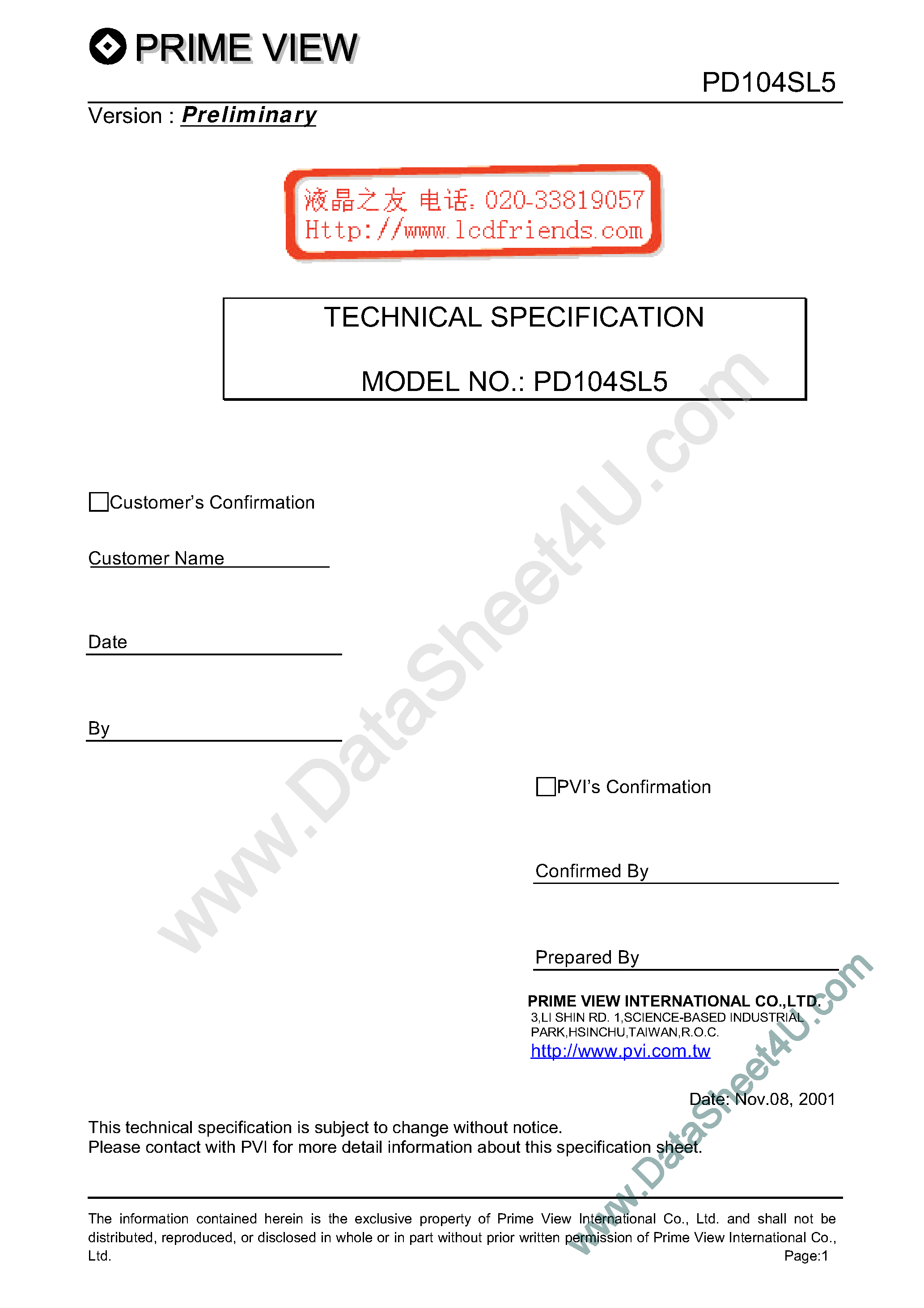 Datasheet PD104SL5 page 1 Datasheet PD104SL5 - LCD_Module page 1