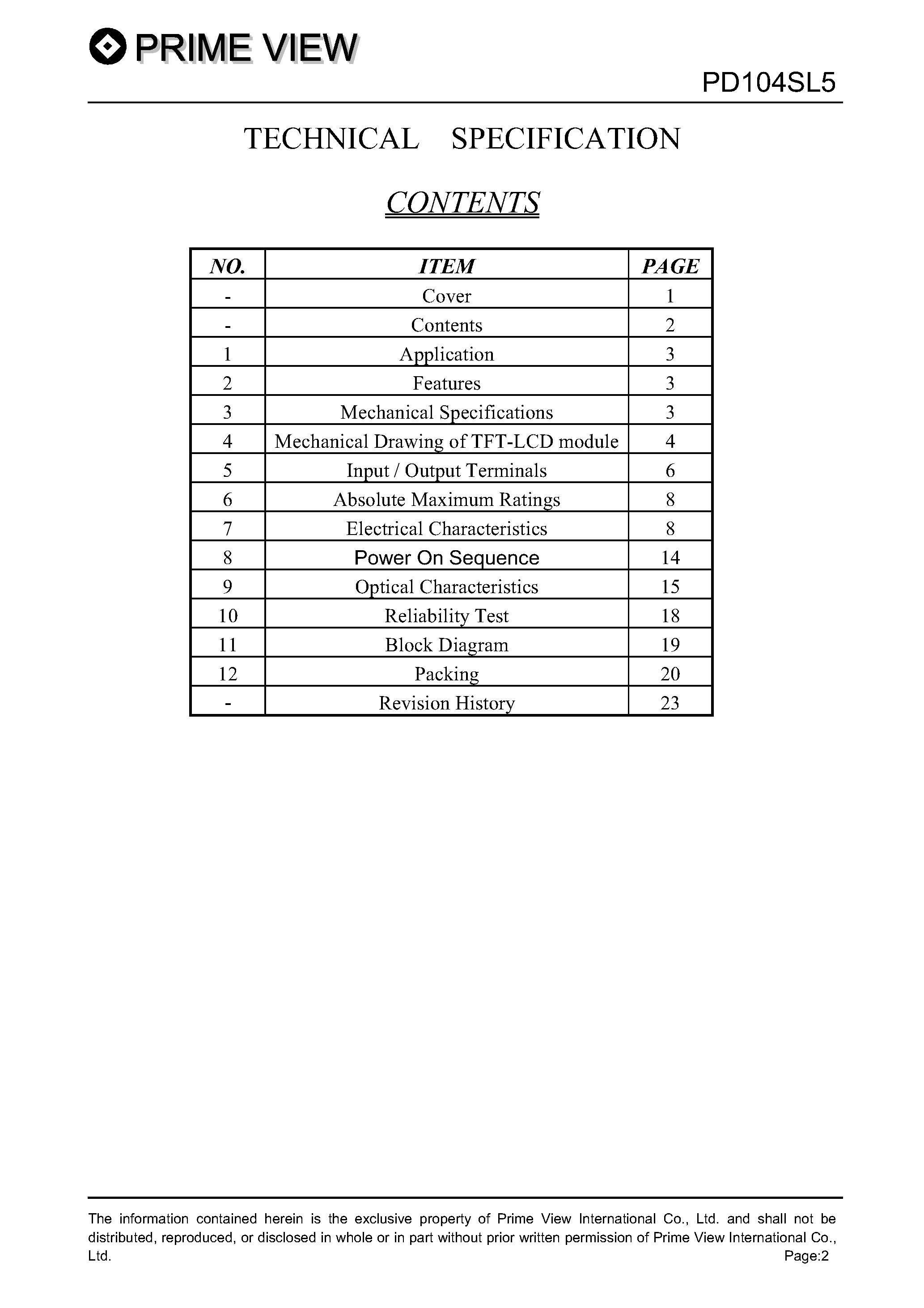 Datasheet PD104SL5 page 2 Datasheet PD104SL5 - LCD_Module page 2