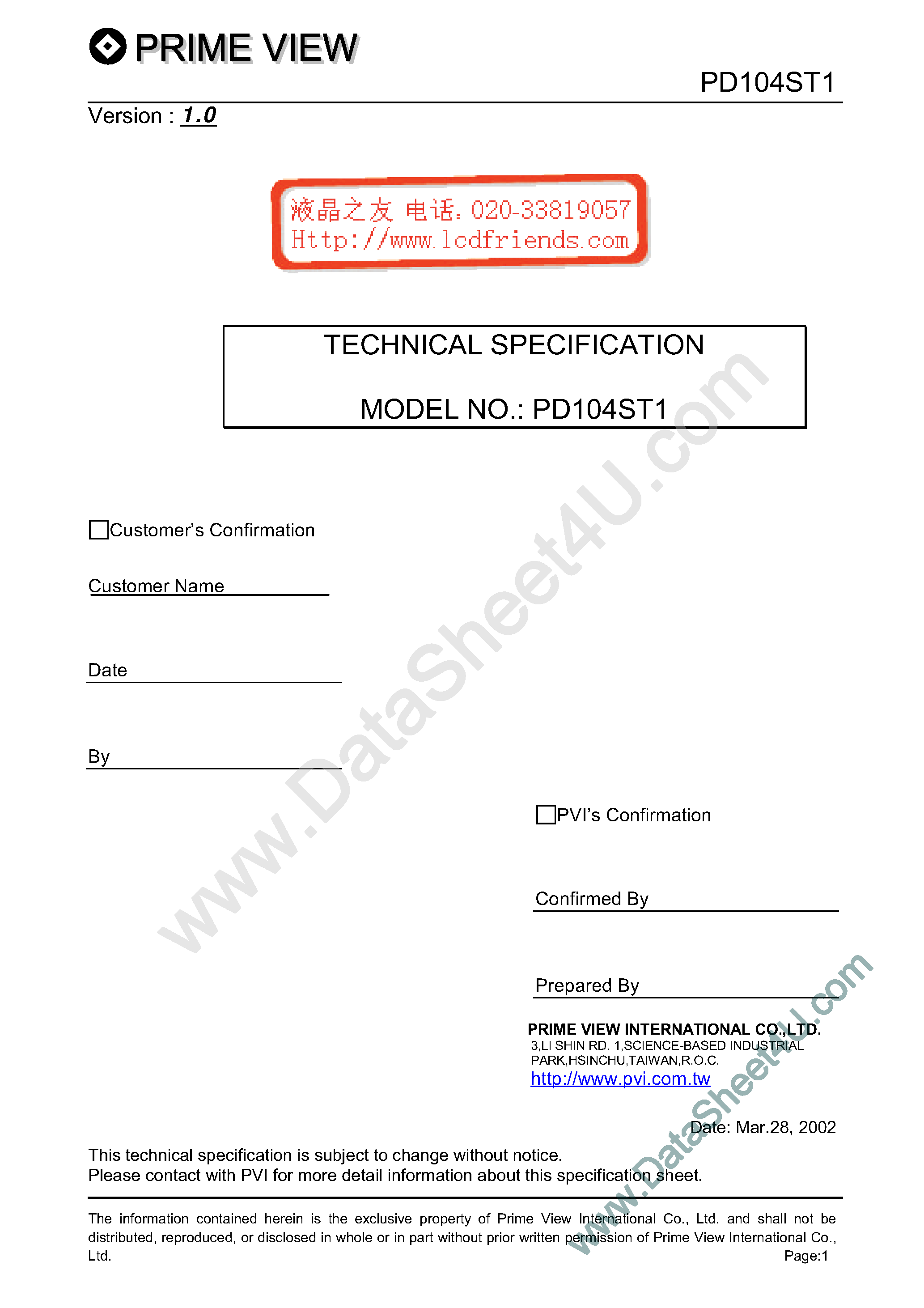 Datasheet PD104ST1 page 1 Datasheet PD104ST1 - LCD_Module page 1