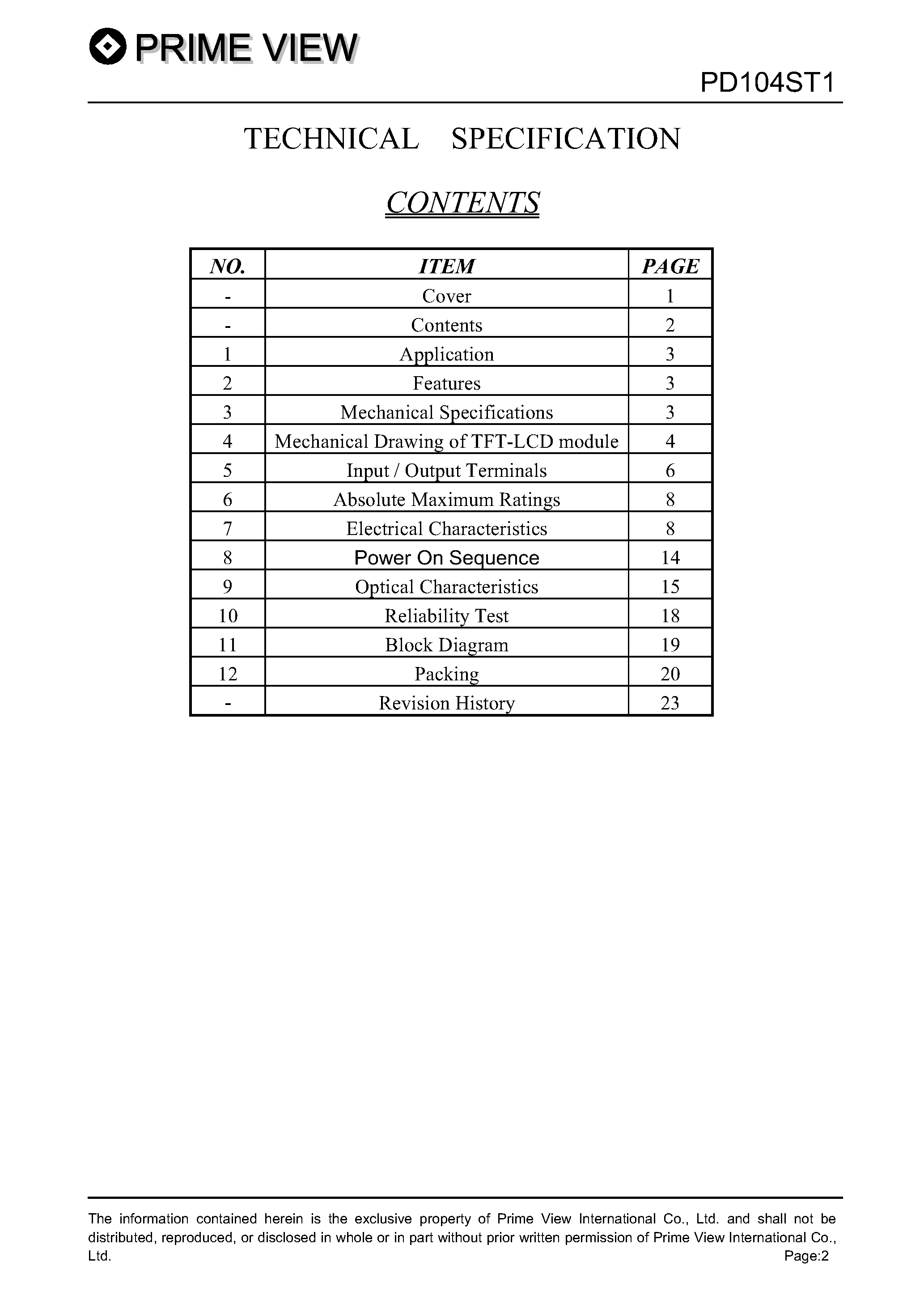 Datasheet PD104ST1 page 2 Datasheet PD104ST1 - LCD_Module page 2