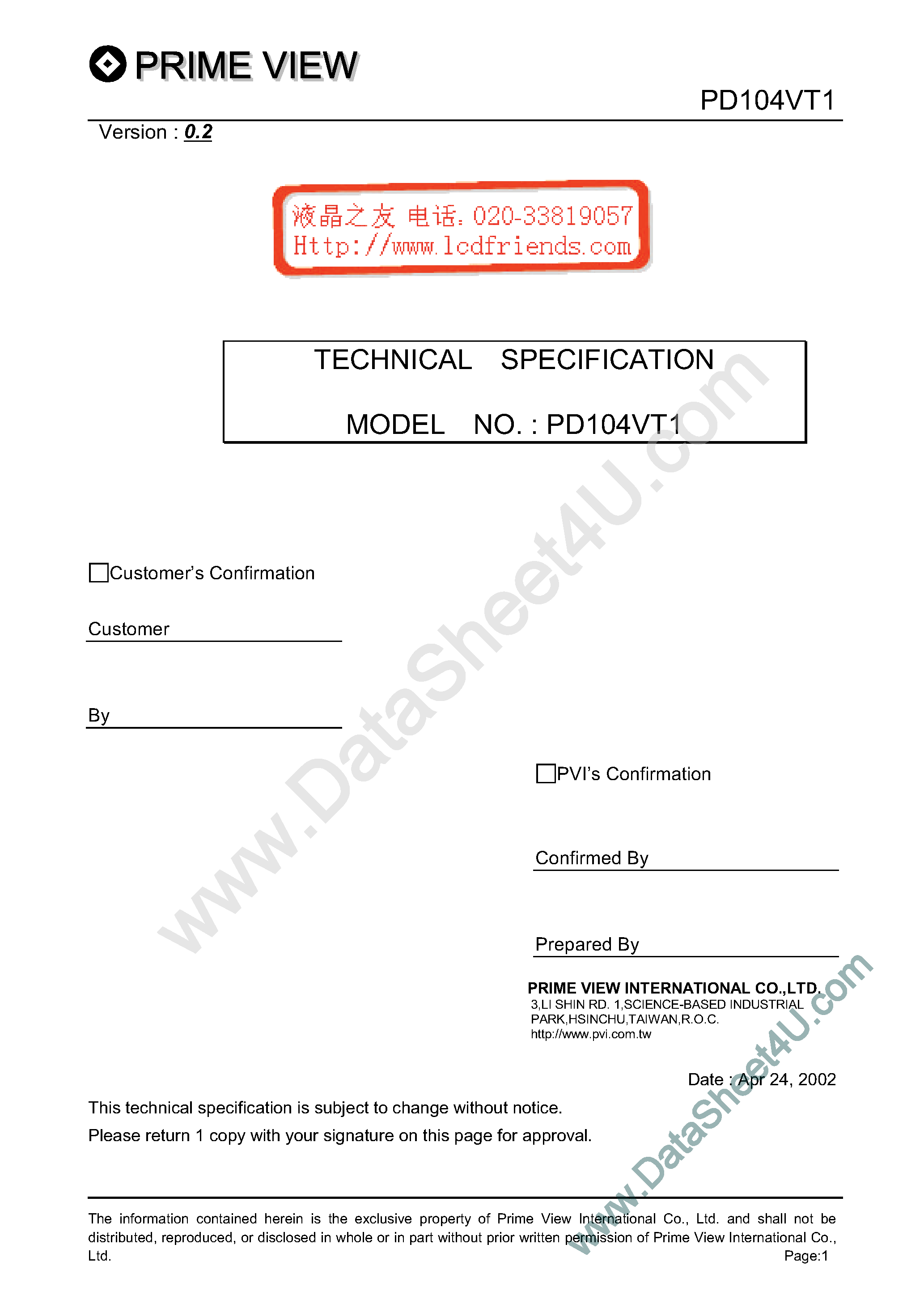 Datasheet PD104VT1 page 1 Datasheet PD104VT1 - LCD_Module page 1