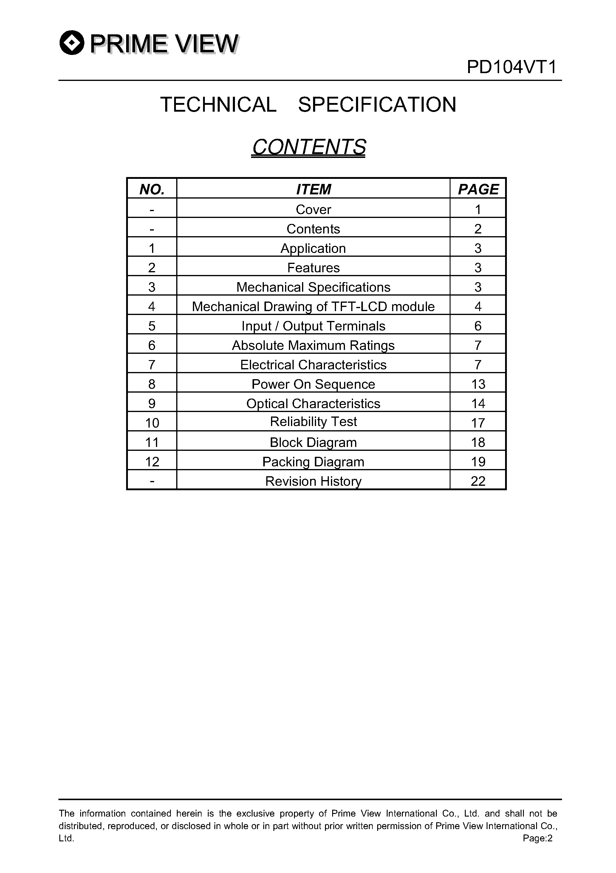 Datasheet PD104VT1 page 2 Datasheet PD104VT1 - LCD_Module page 2