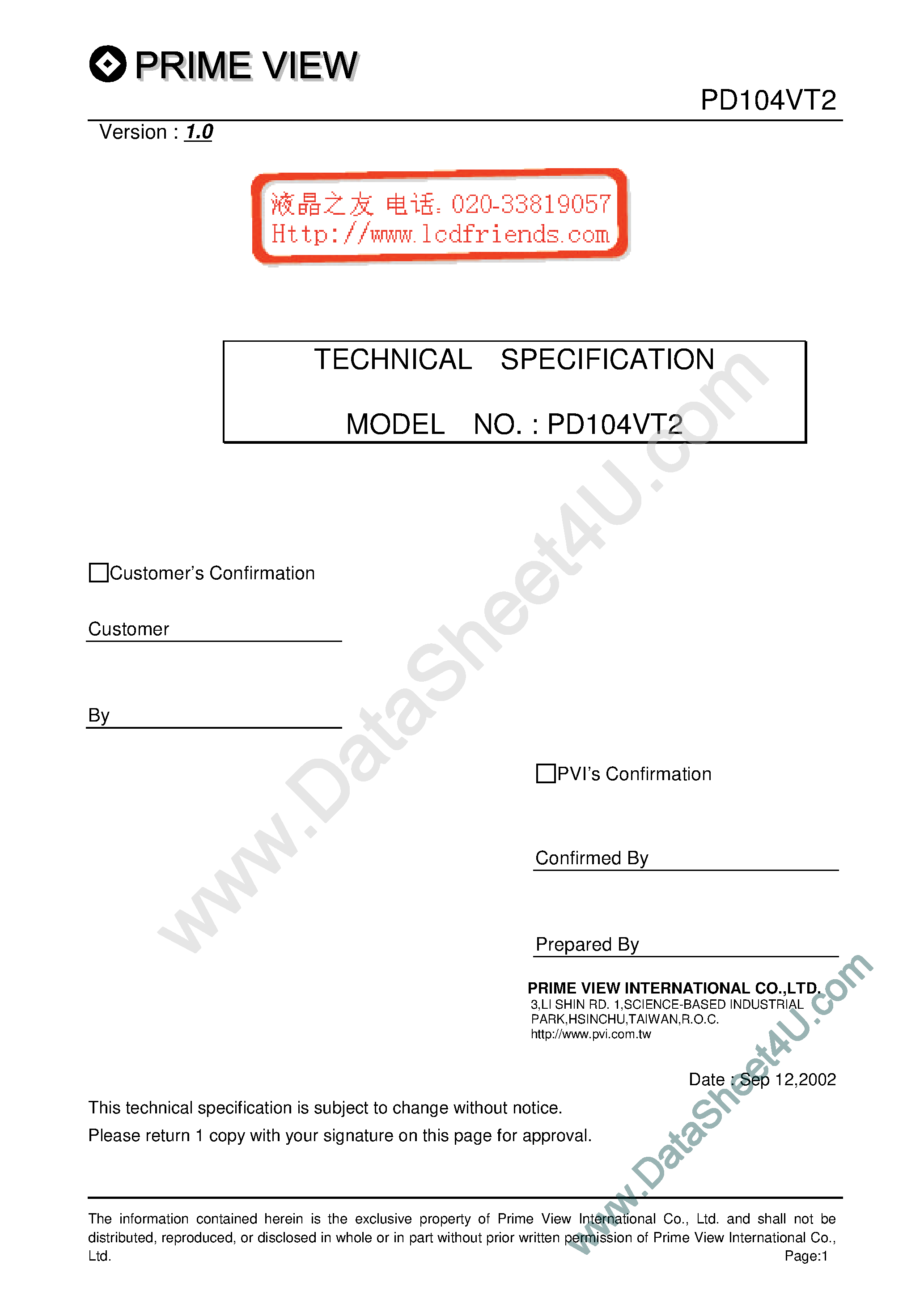 Datasheet PD104VT2 page 1 Datasheet PD104VT2 - LCD_Module page 1