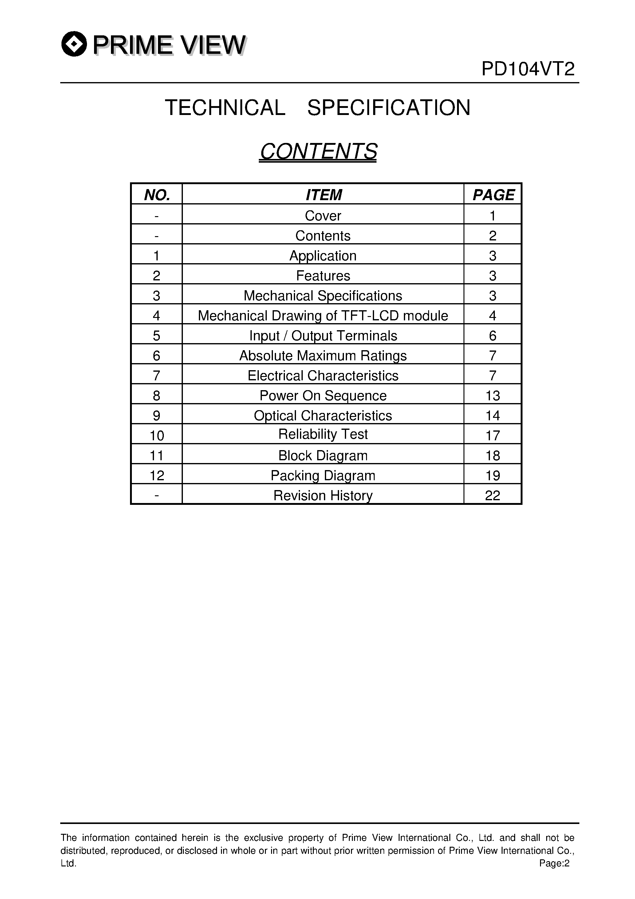 Datasheet PD104VT2 page 2 Datasheet PD104VT2 - LCD_Module page 2