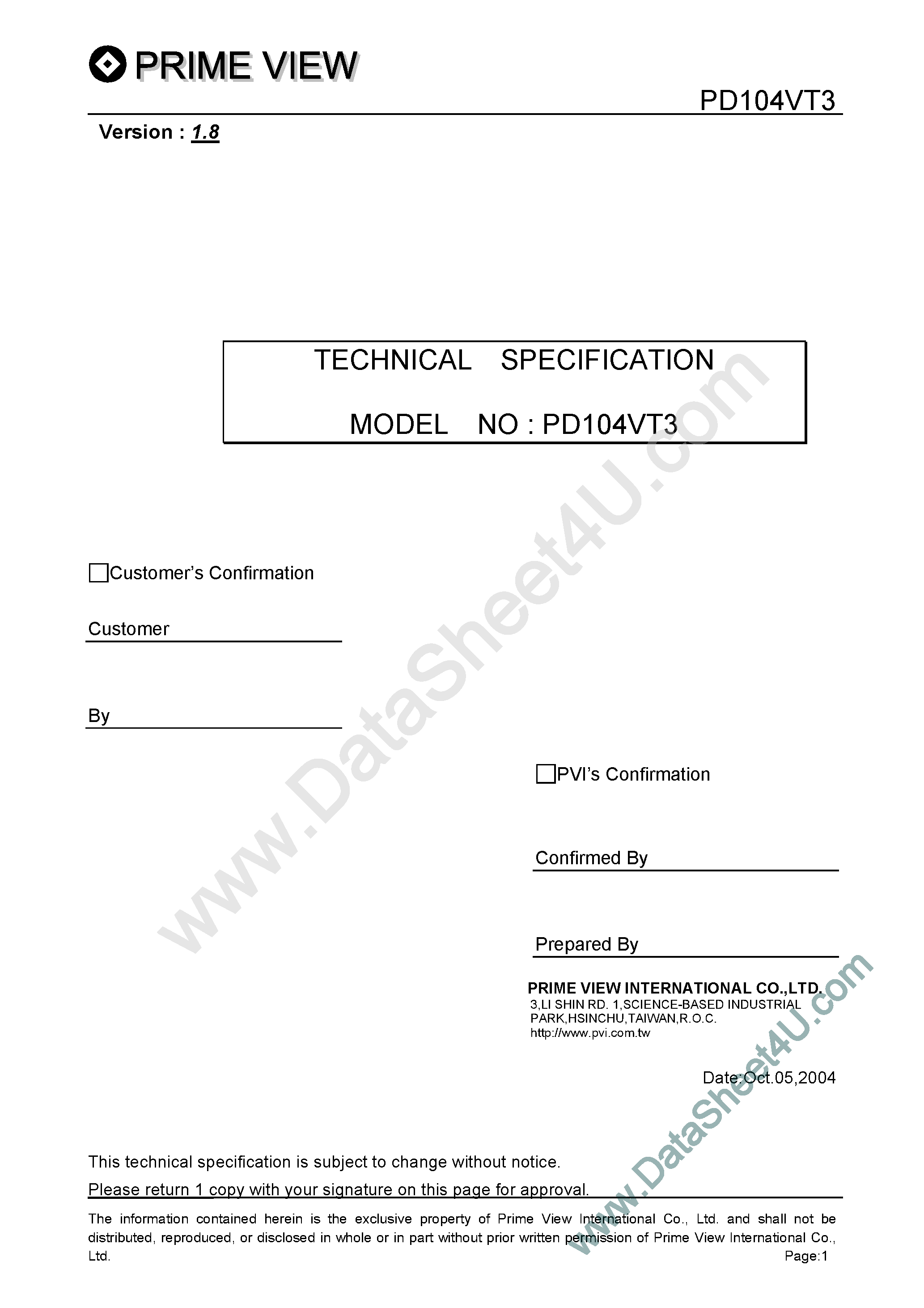 Datasheet PD104VT3 page 1 Datasheet PD104VT3 - LCD_Module page 1