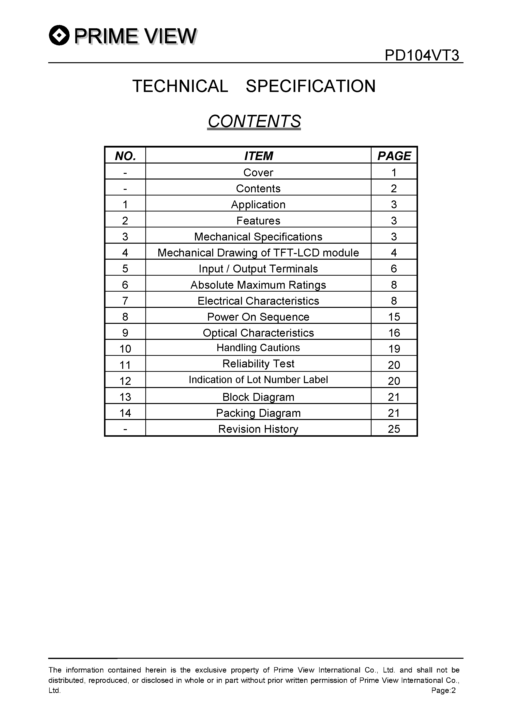 Datasheet PD104VT3 page 2 Datasheet PD104VT3 - LCD_Module page 2