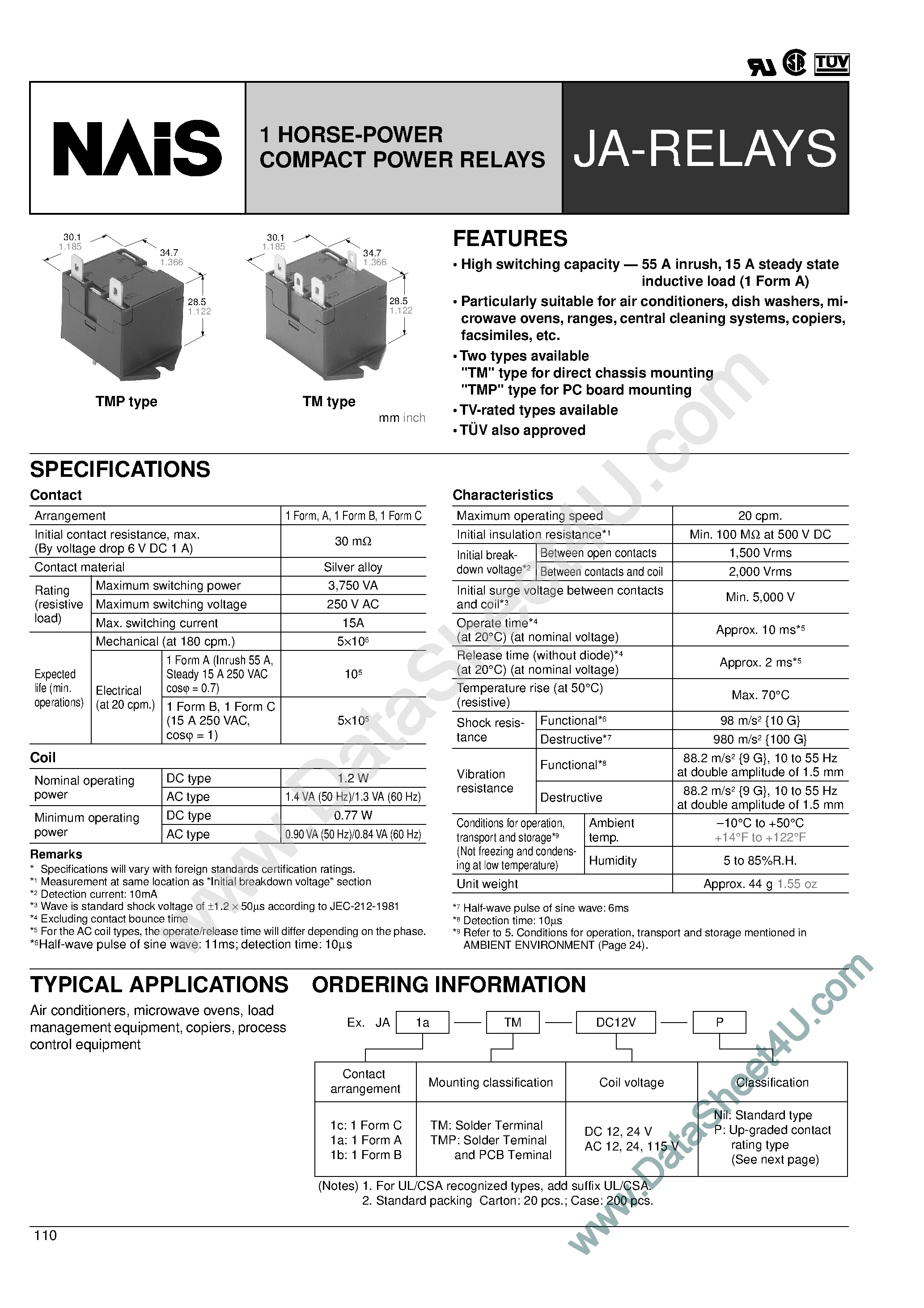 Datasheet JA1A-TM-DC12 page 1 Datasheet JA1A-TM-DC12 - (JA1x-TMx-xxxx) 1 Horse Power Compact Power Relays page 1