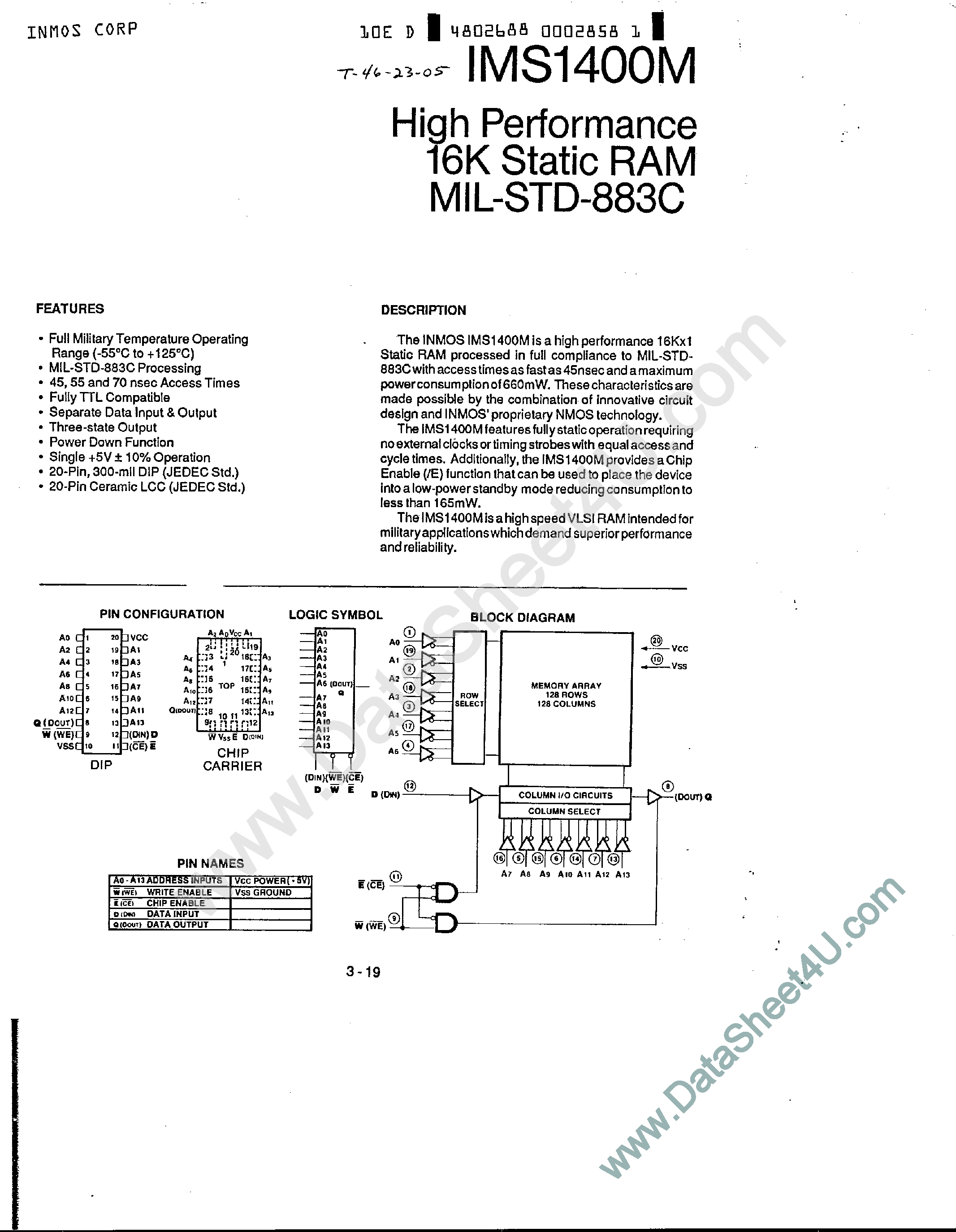 Даташит IMS1400M - High Performance 16K Static RAM страница 1