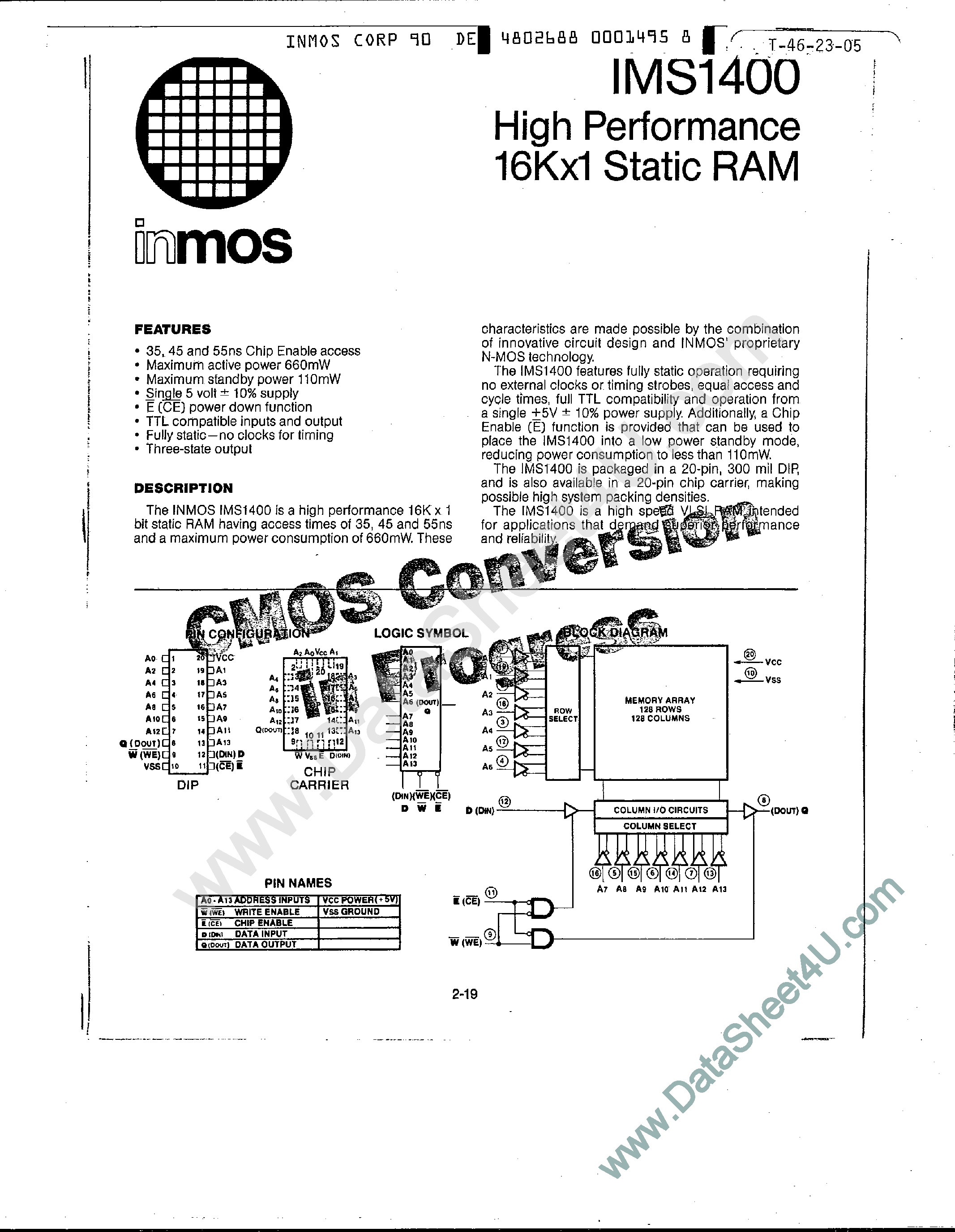 Datasheet IMS1400 - High Performance 16K x 1 Static RAM page 1