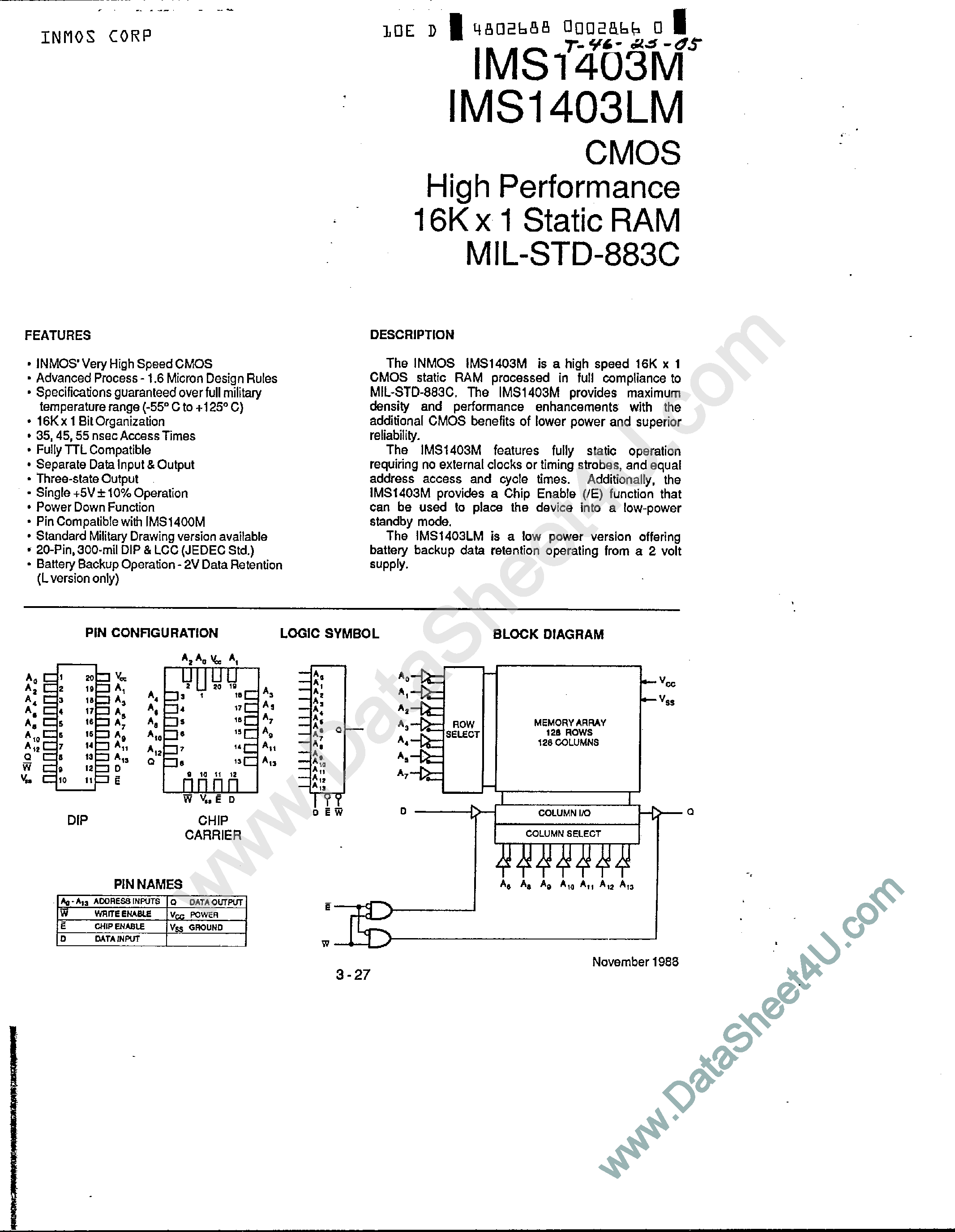 Datasheet IMS1403M page 1 Datasheet IMS1403M - High Performance 16K x 1 Static RAM page 1