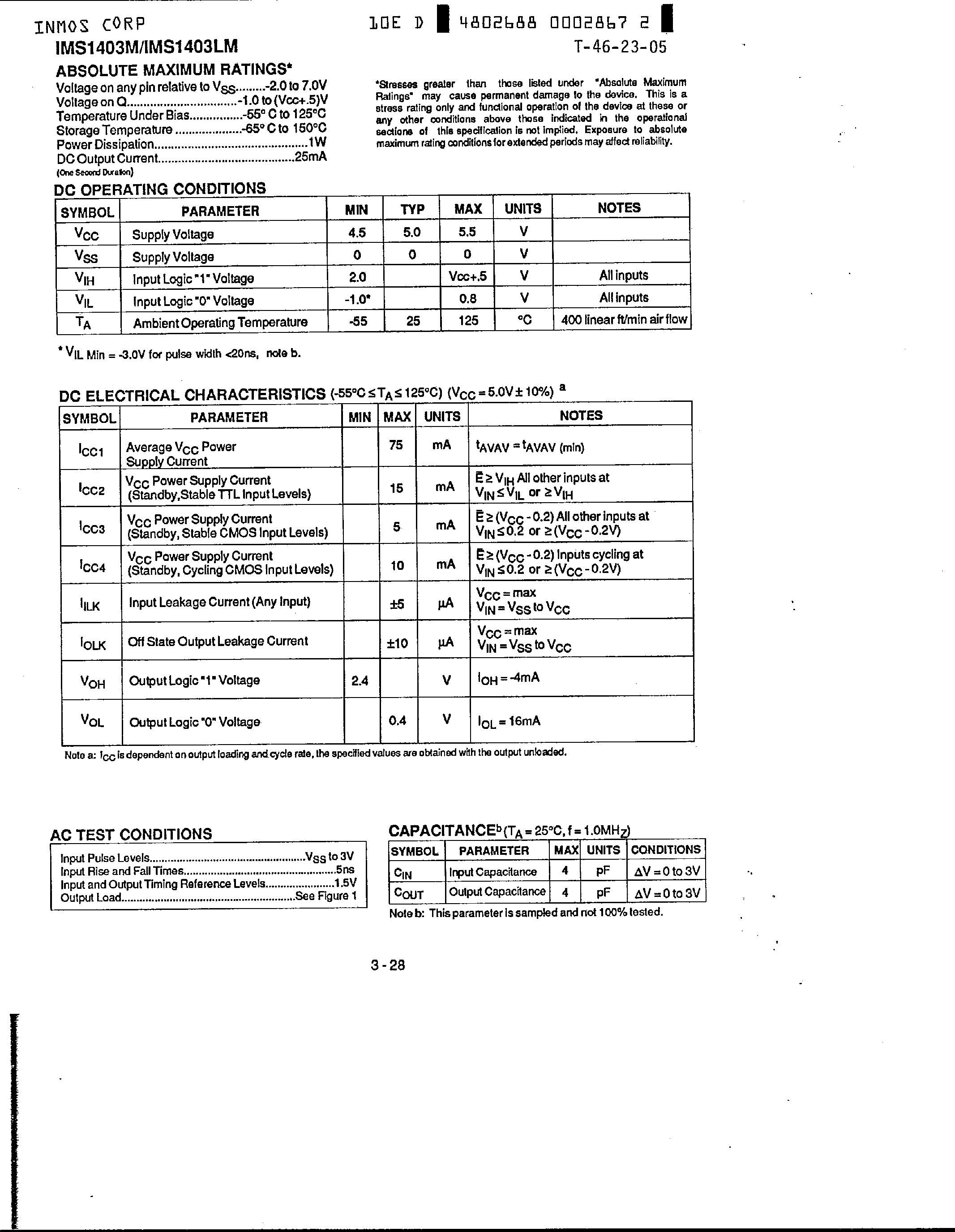 Datasheet IMS1403M page 2 Datasheet IMS1403M - High Performance 16K x 1 Static RAM page 2