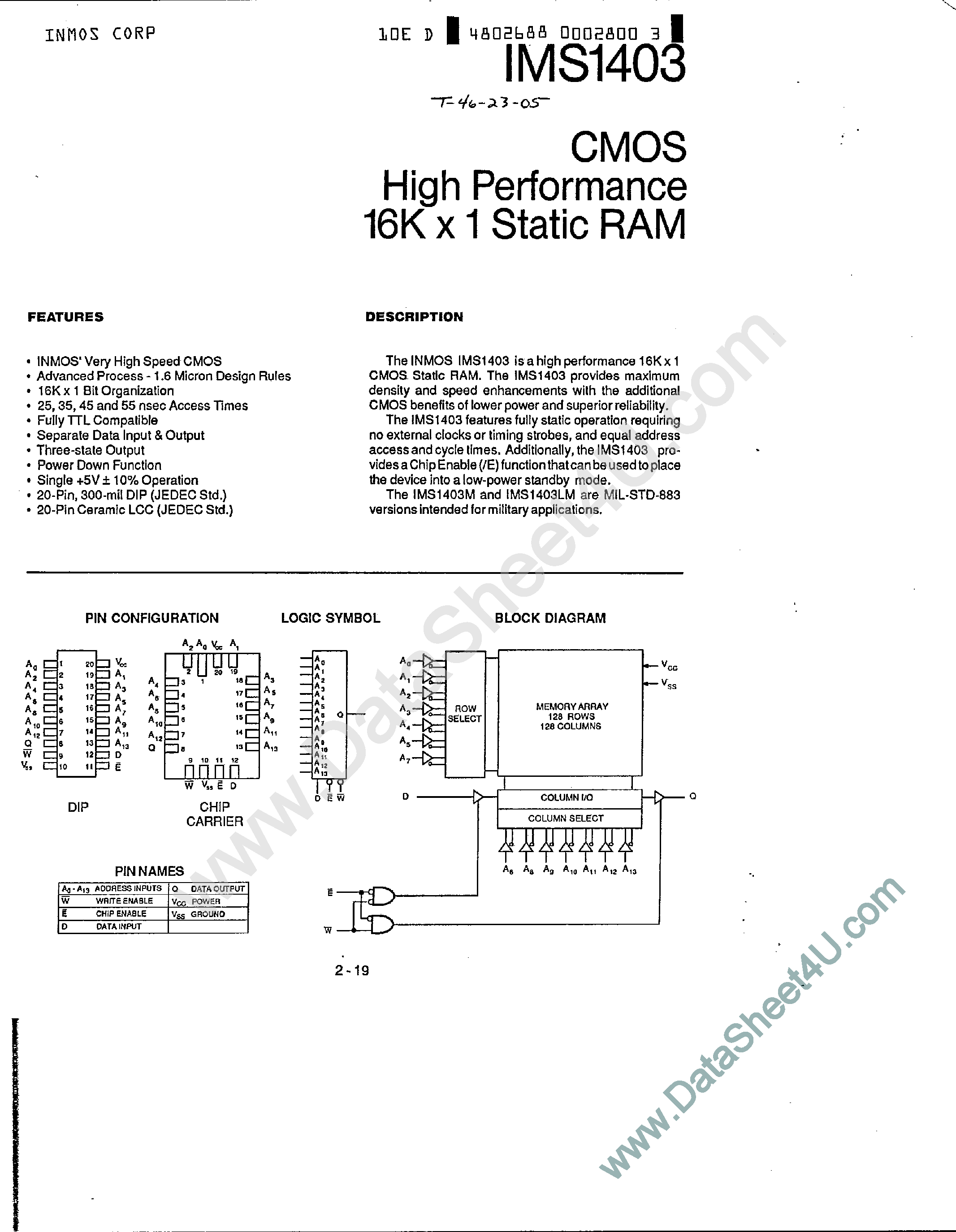 Datasheet IMS1403 page 1 Datasheet IMS1403 - High Performance 16K x 1 Static RAM page 1