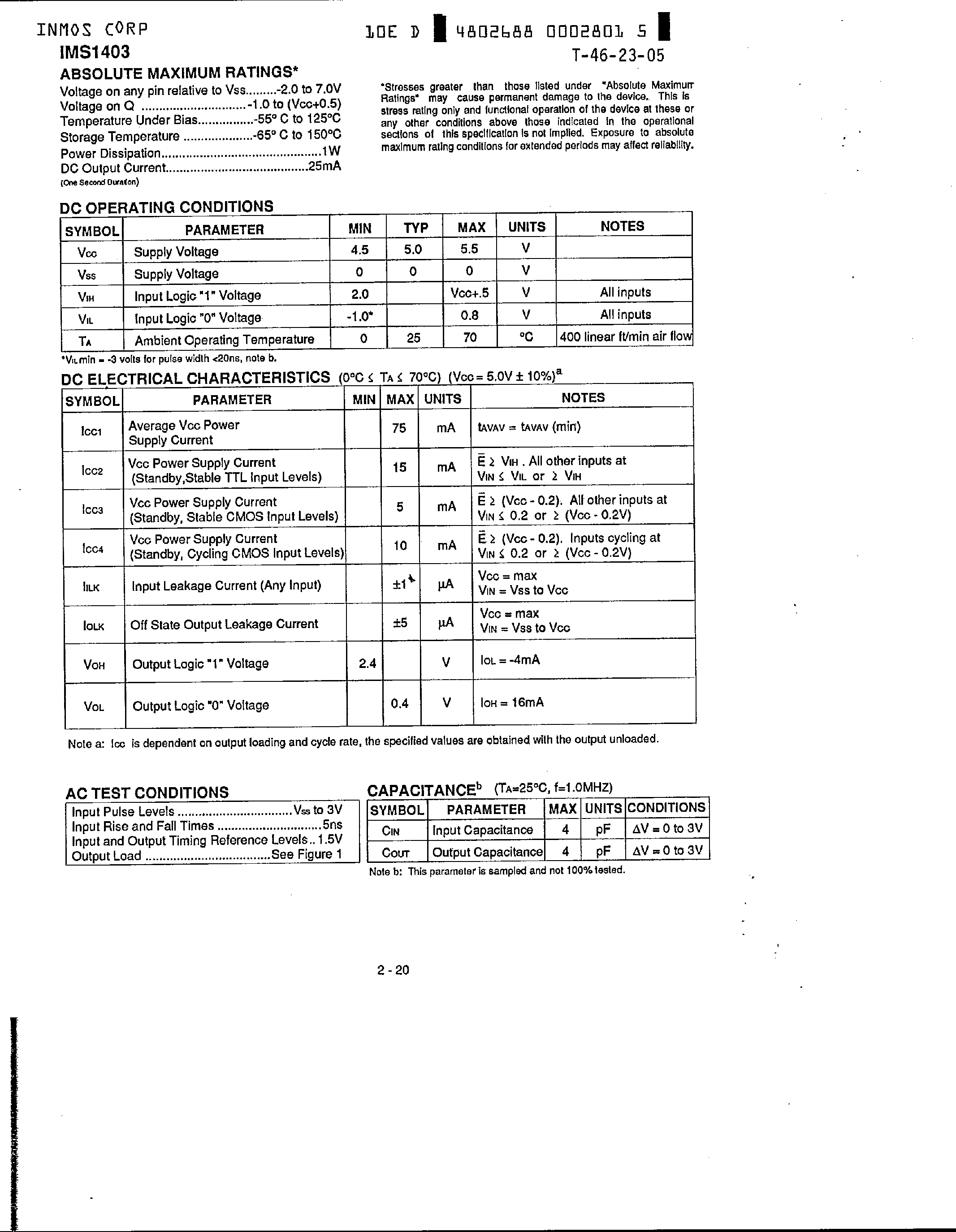 Datasheet IMS1403 page 2 Datasheet IMS1403 - High Performance 16K x 1 Static RAM page 2