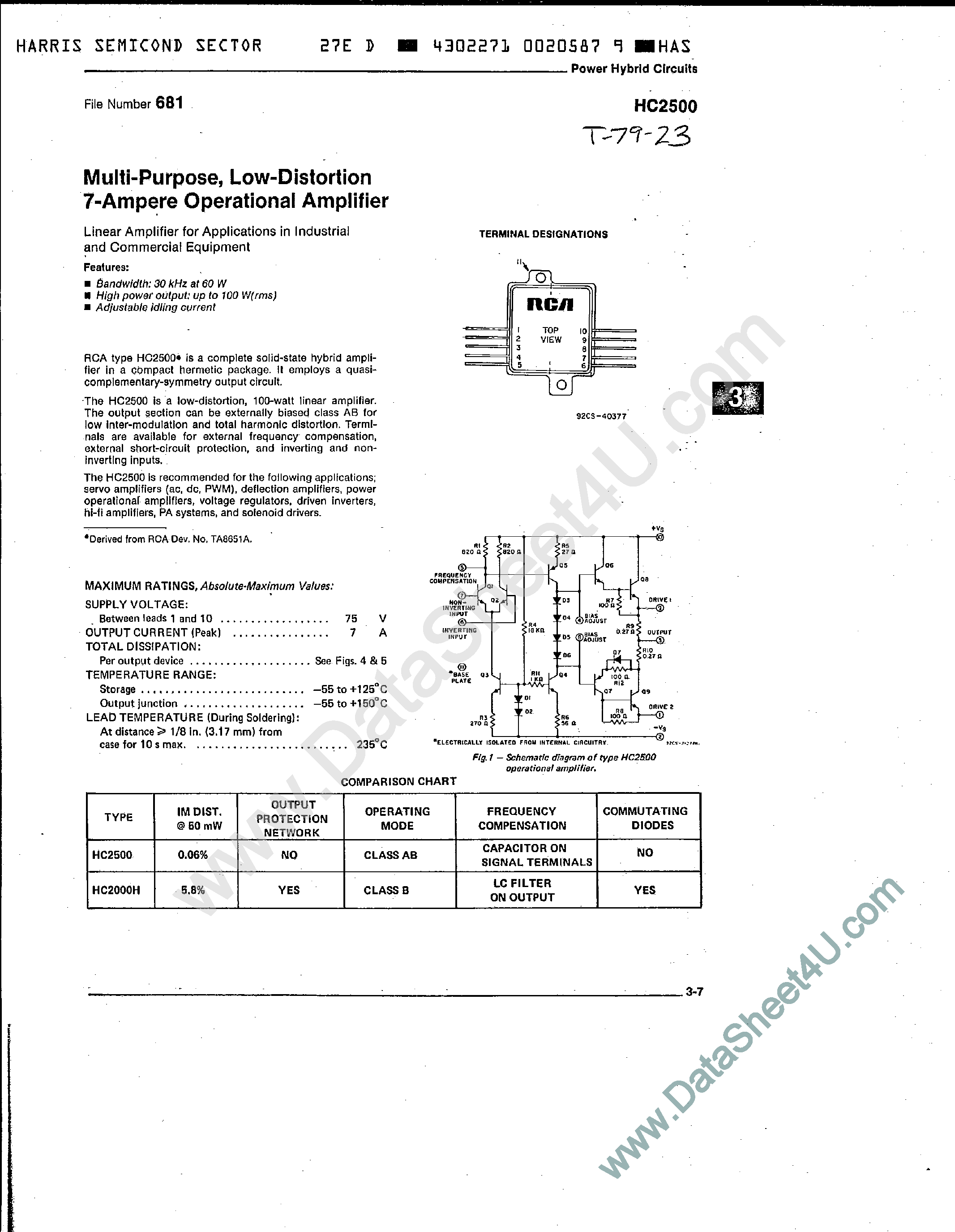 Datasheet HC2500 - Multi Purpose Low Distortion 7-Ampere Operational Amplifier page 1