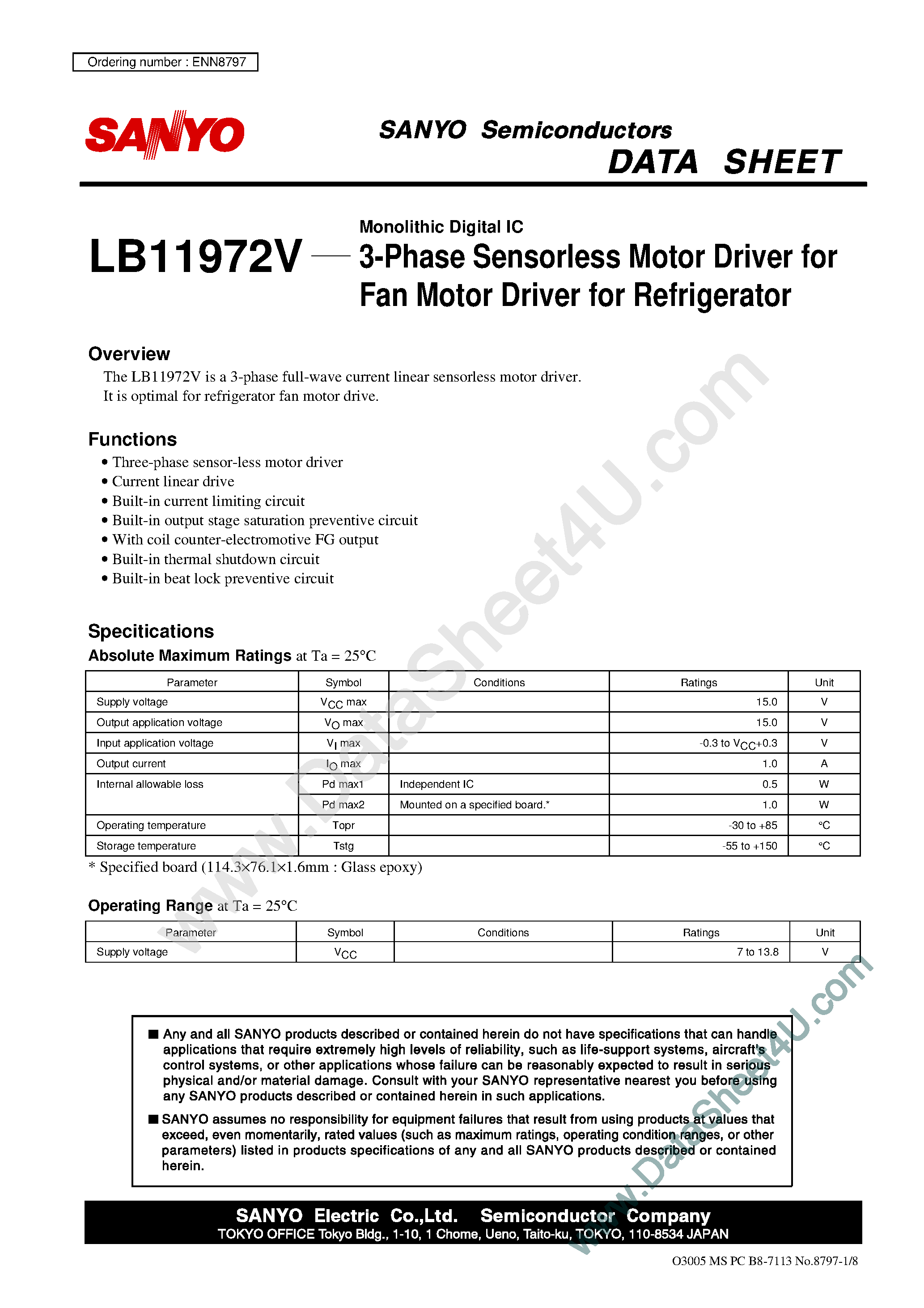 Datasheet LB11972V - 3-Phase Sensorless Motor Driver page 1