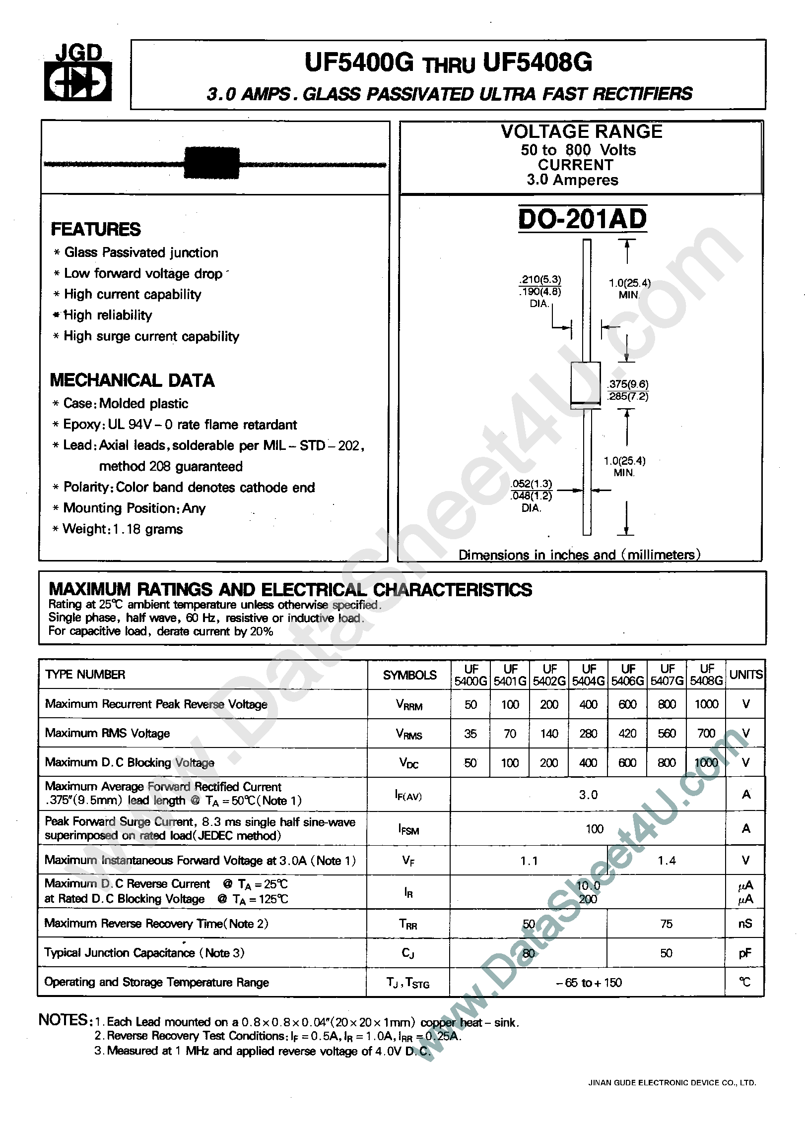 Datasheet UF5400G page 1 Datasheet UF5400G - (UF5400G - UF5408G) 3.0 AMP. GLASS PASSIVATED ULTRA FAST RECTIFIERS page 1