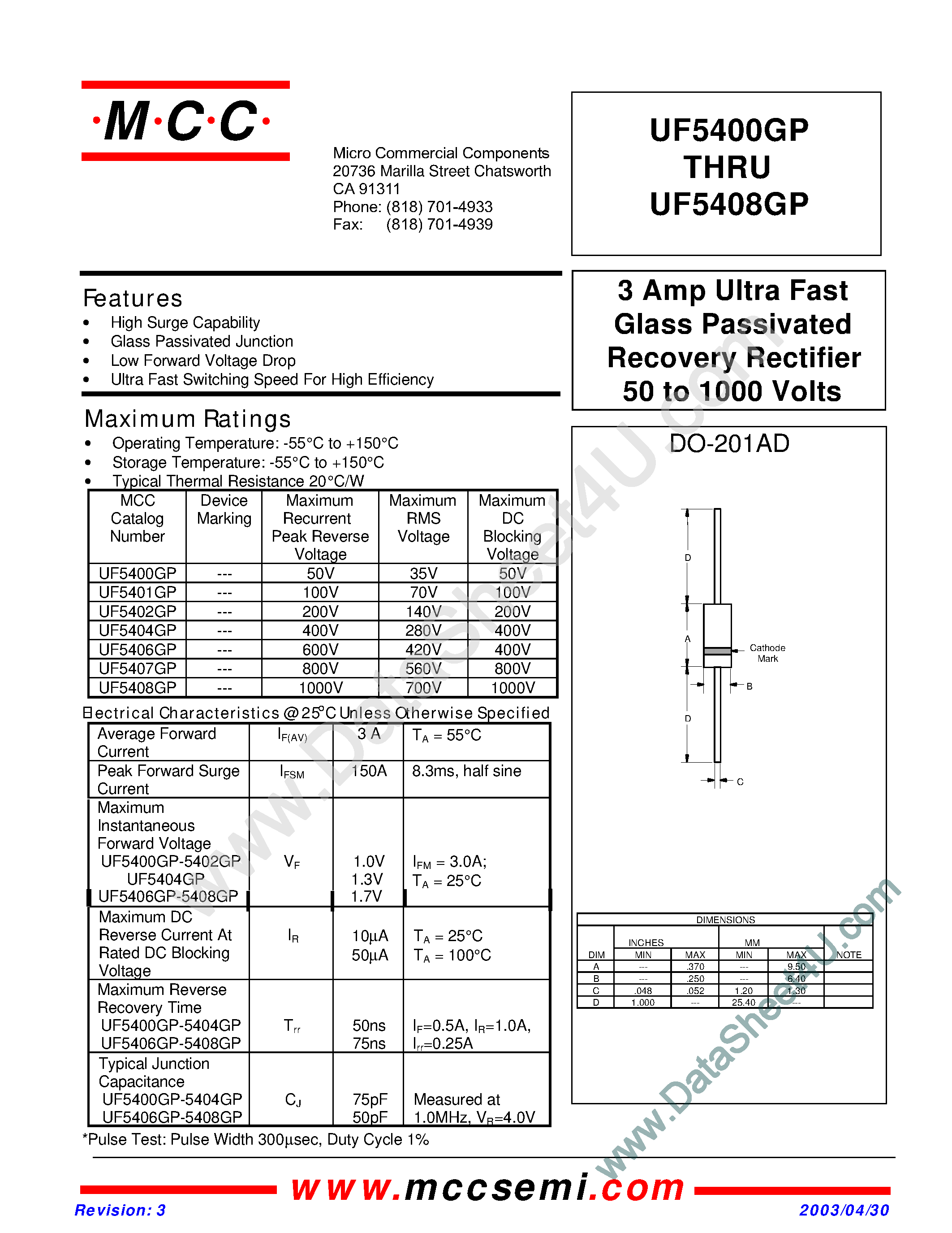 Datasheet UF5400GP - (UF5400GP - UF5408GP) 3 Amp Ultra Fast Glass Passivated Recovery Rectifier 50 to 1000 Volts page 1