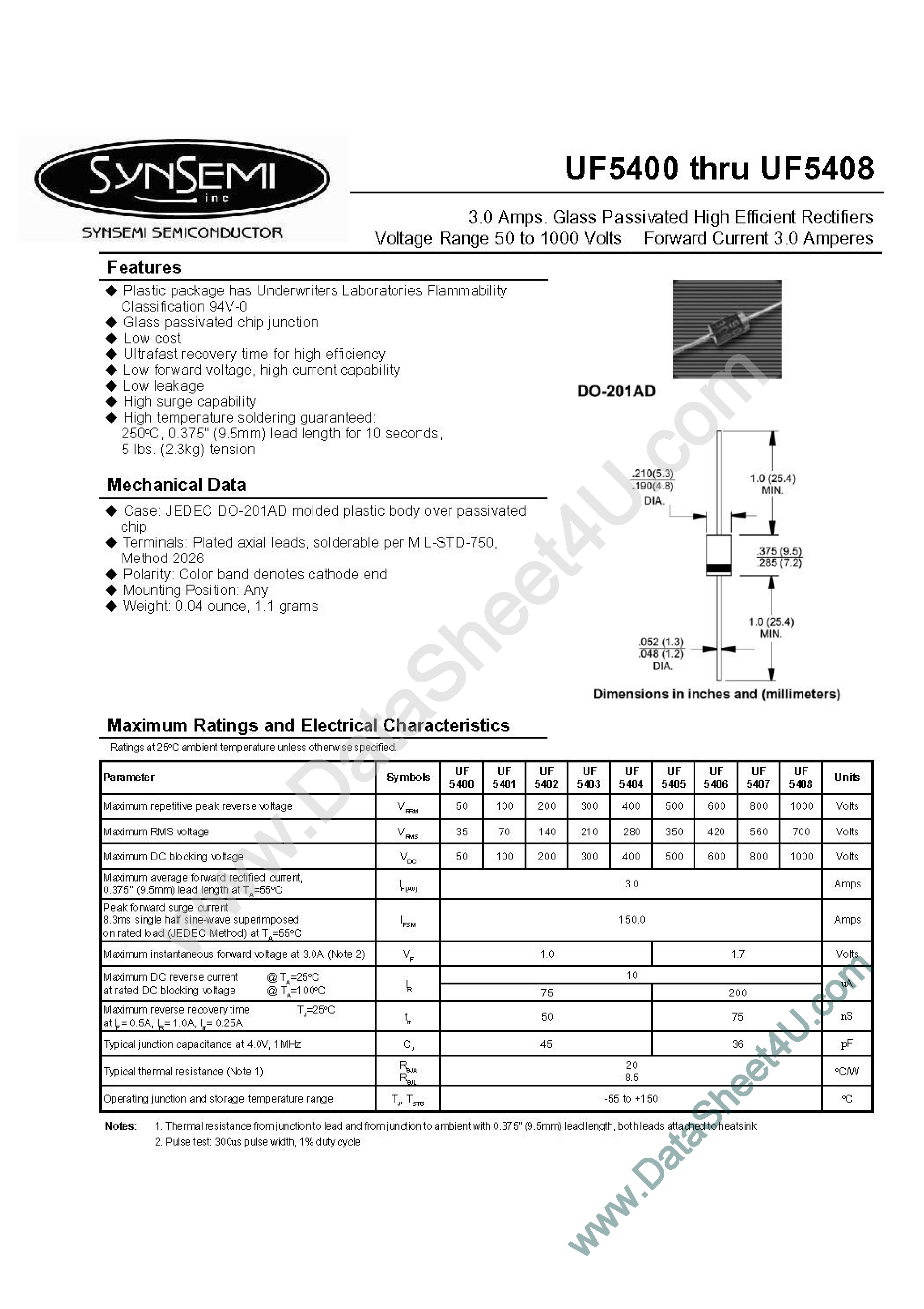 Datasheet UF5400 - (UF5400 - UF5408) Glass Passivated High Effecient Rectifiers page 1