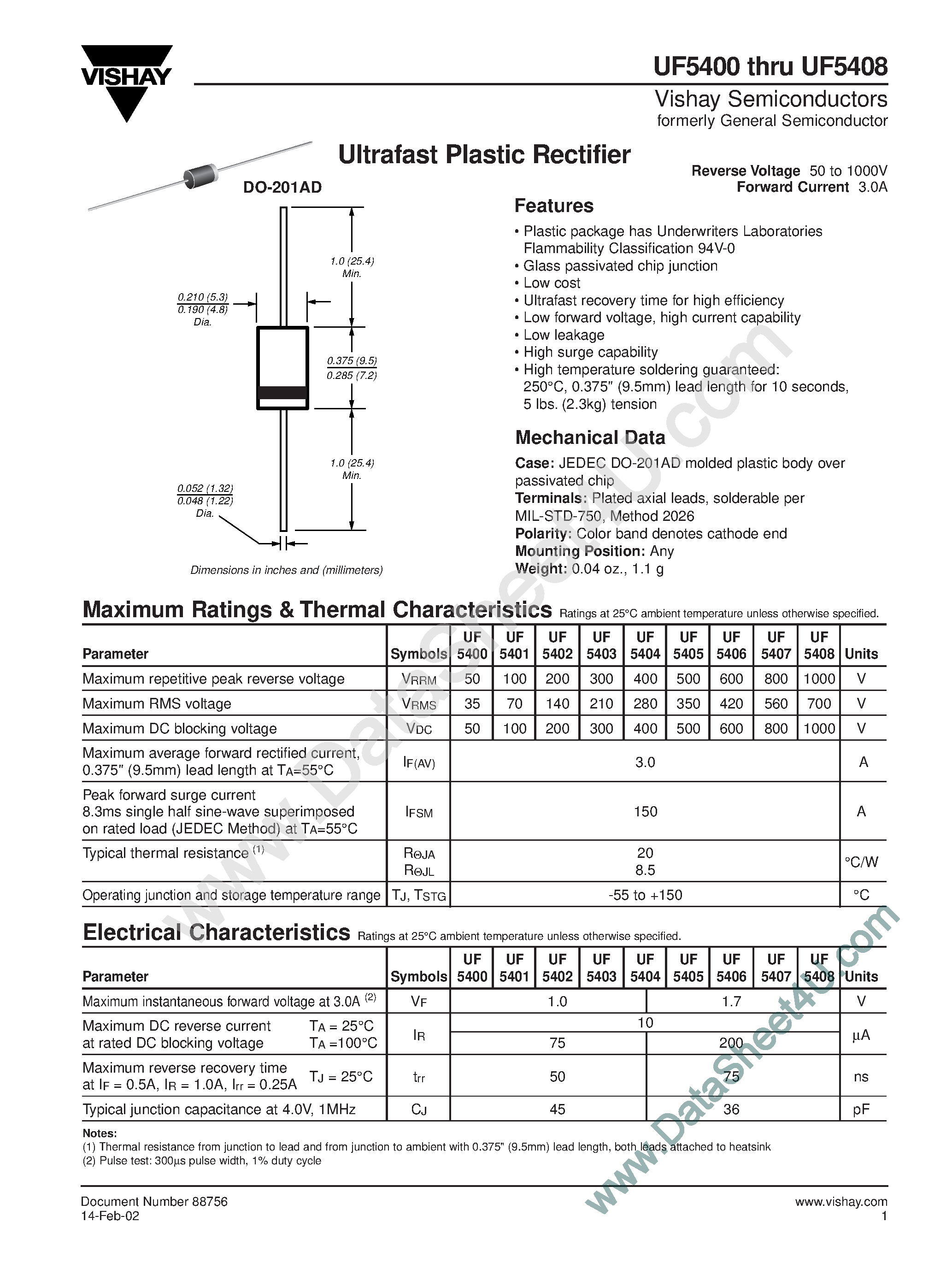 Datasheet UF5400 page 1 Datasheet UF5400 - (UF5400 - UF5408) Ultrefast Plastic Rectifier page 1