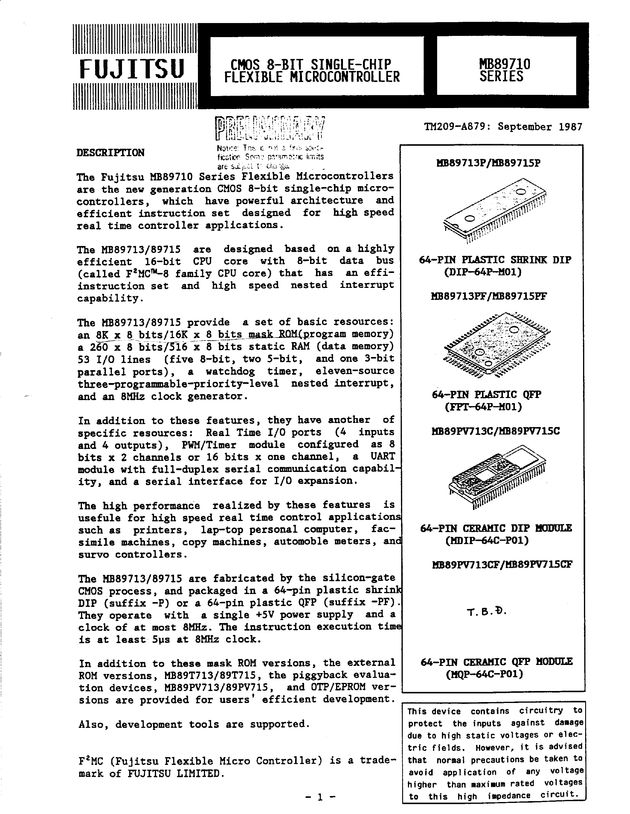 Datasheet MB89710 page 1 Datasheet MB89710 - (MB89710 Series) CMOS 8-Bit Single-Chip Flexible Microcontroller page 1