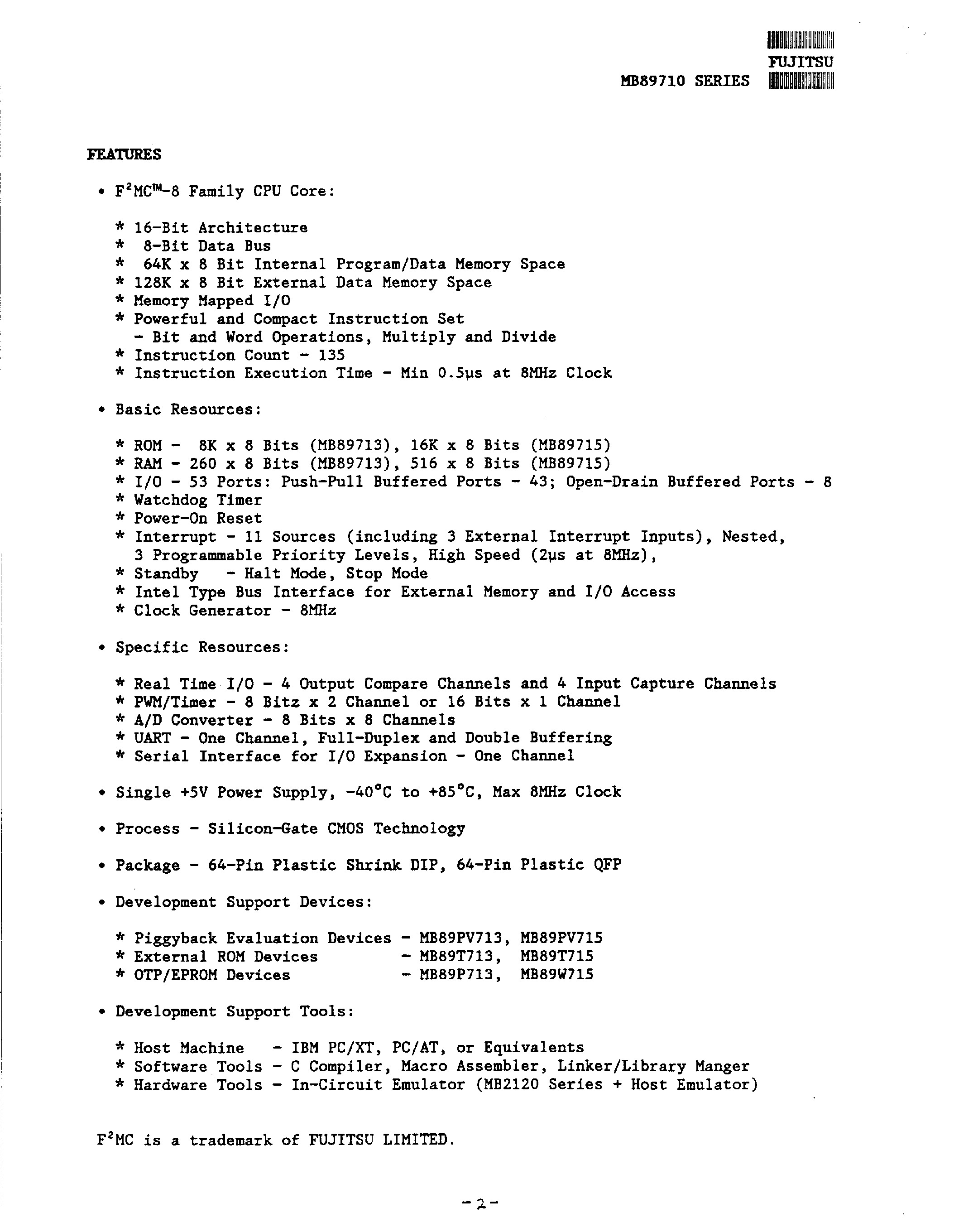 Datasheet MB89710 page 2 Datasheet MB89710 - (MB89710 Series) CMOS 8-Bit Single-Chip Flexible Microcontroller page 2