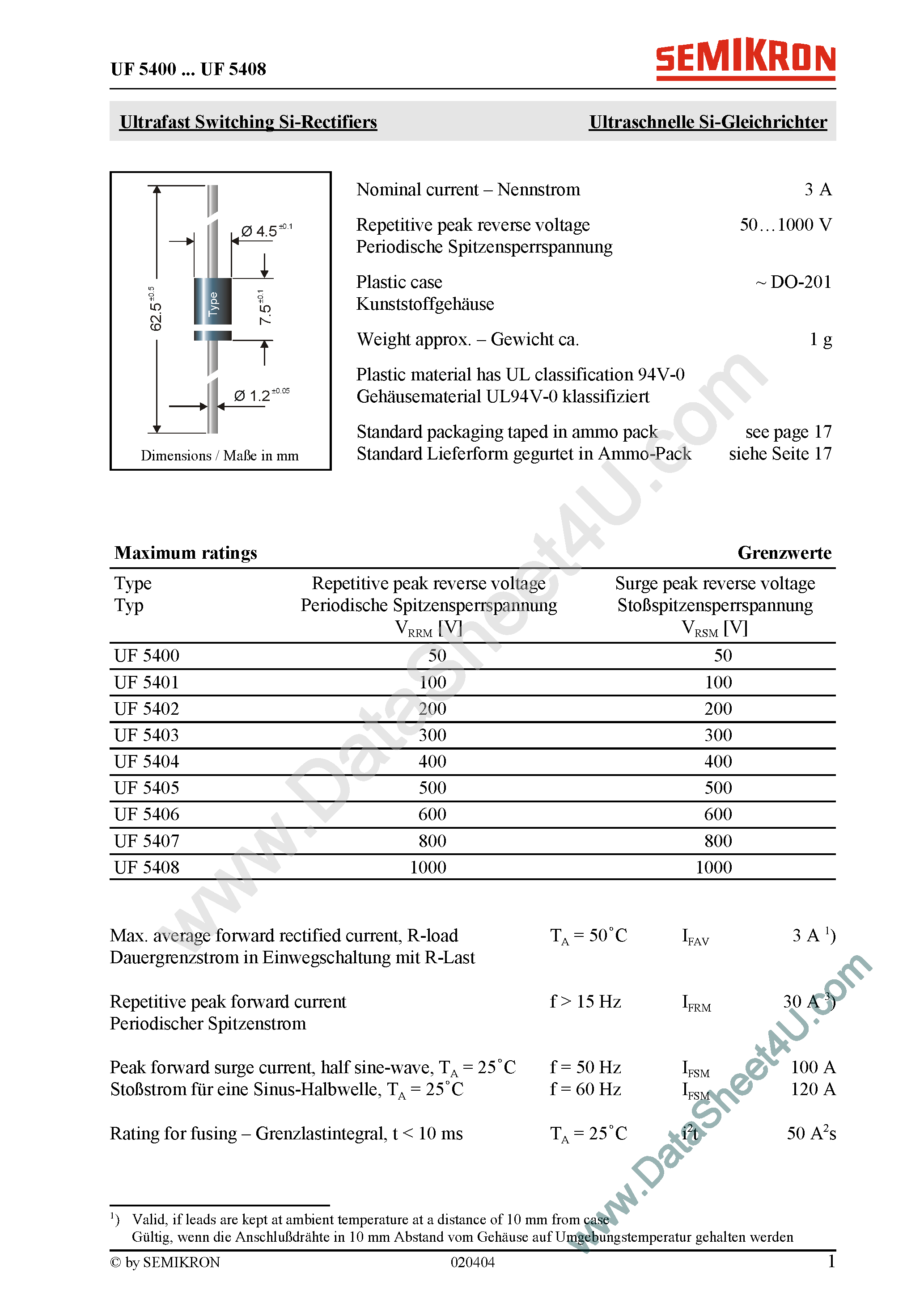 Datasheet UF5400 - (UF5400 - UF5408) Ultrafast Switching Si-Rectifiers page 1