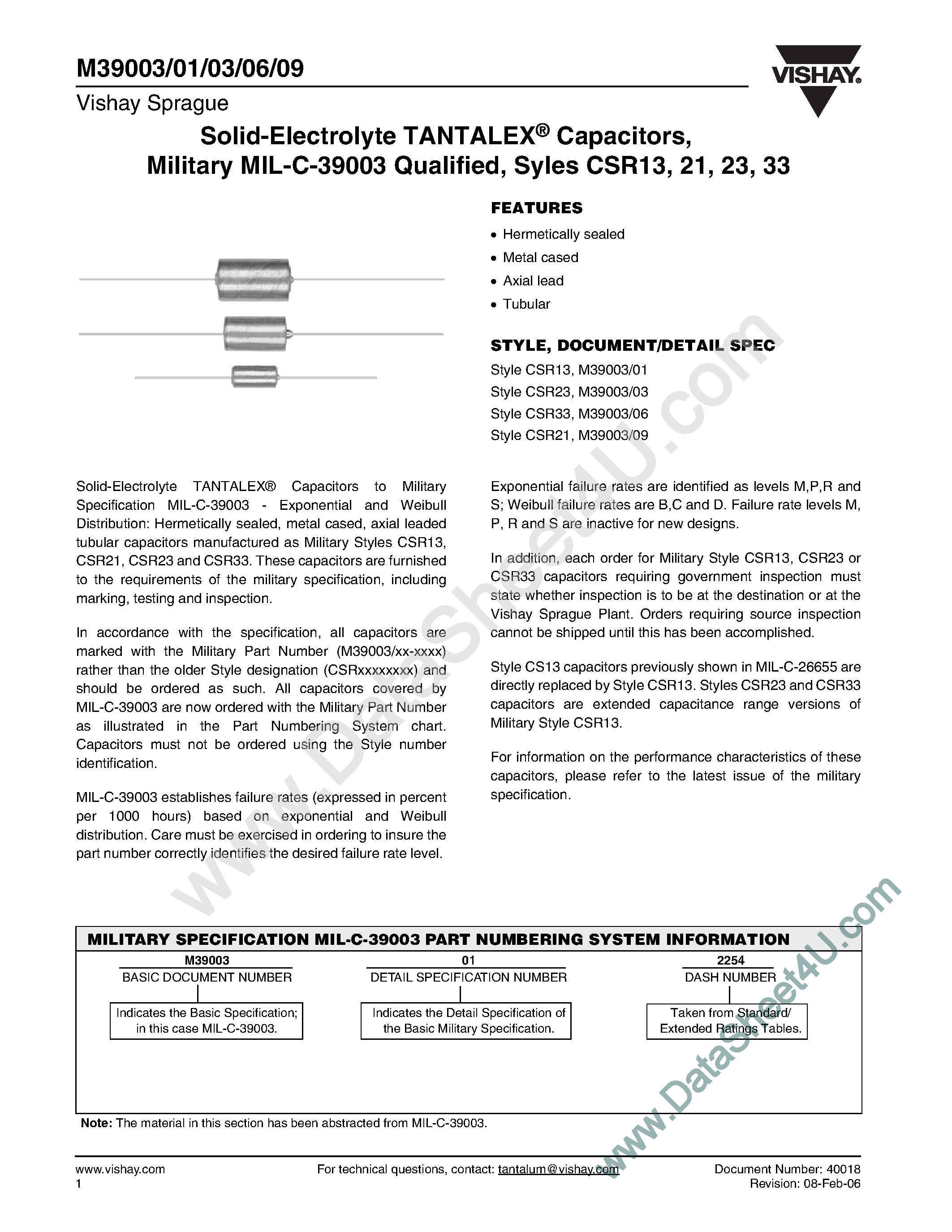 Datasheet M39003 - Soild Tantalex Capacitors page 1