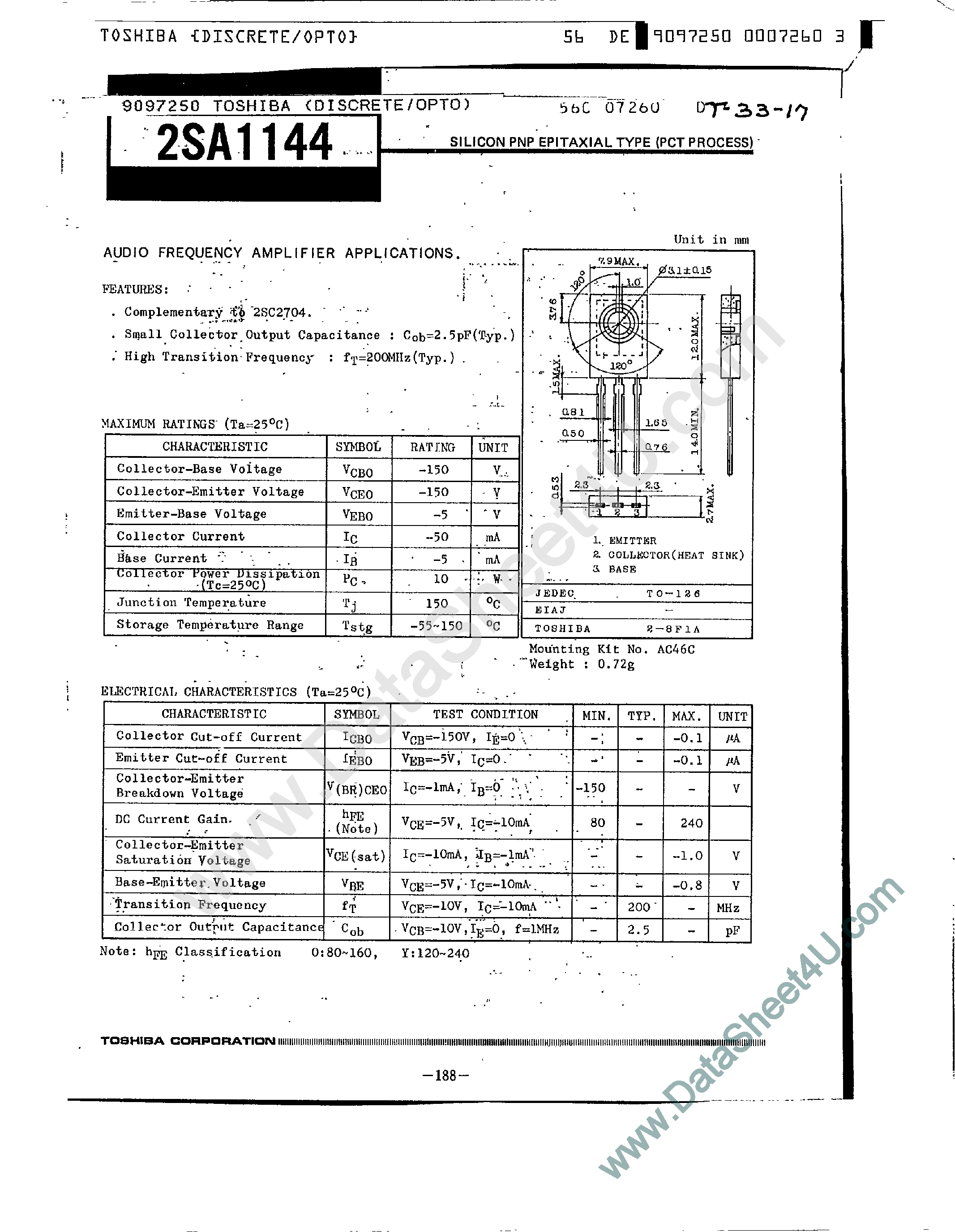 Datasheet 2SA1144 - Audio Frequency Amplifier Applications page 1