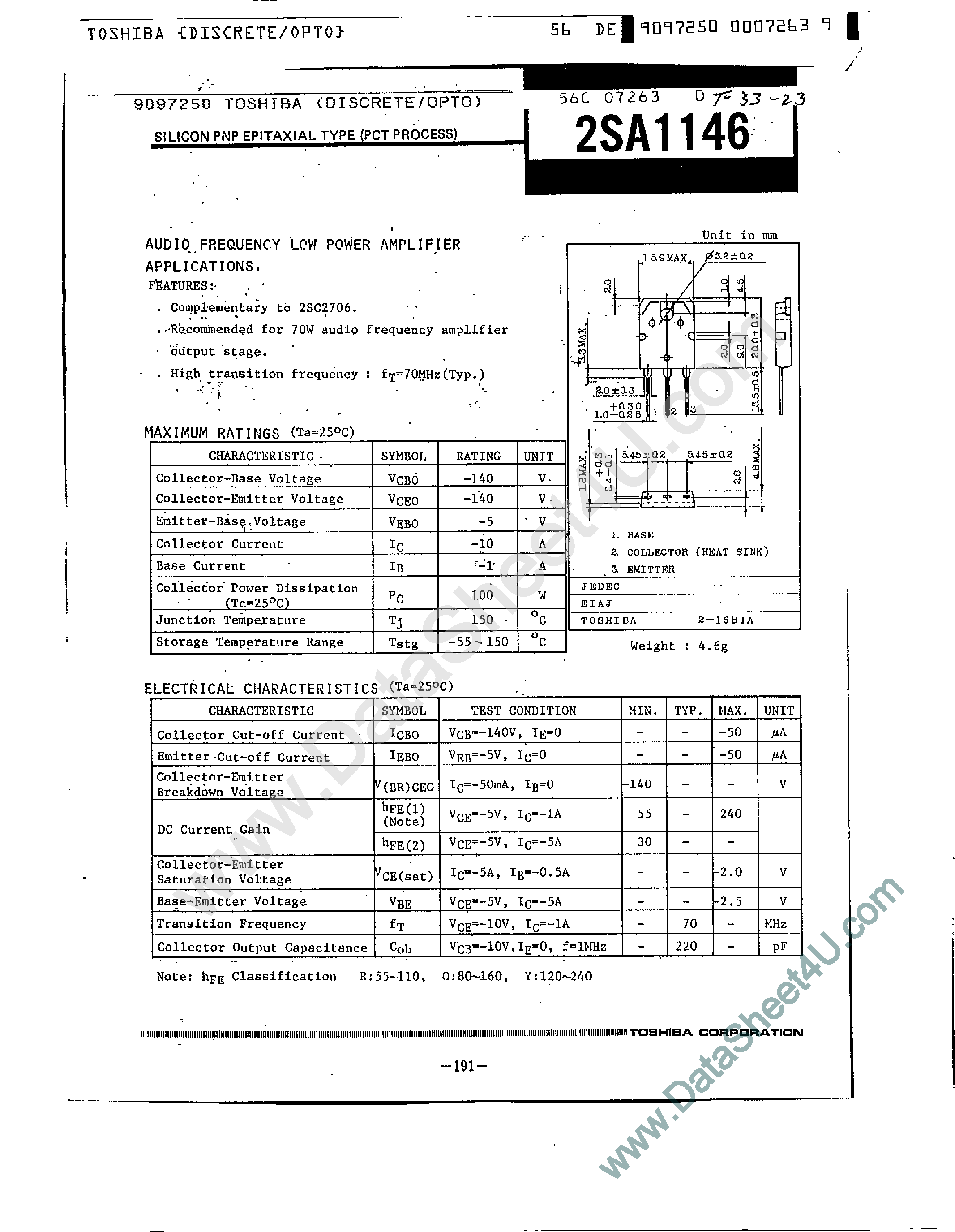Datasheet 2SA1146 - Audio Frequency Low Power Amplifier Applications page 1