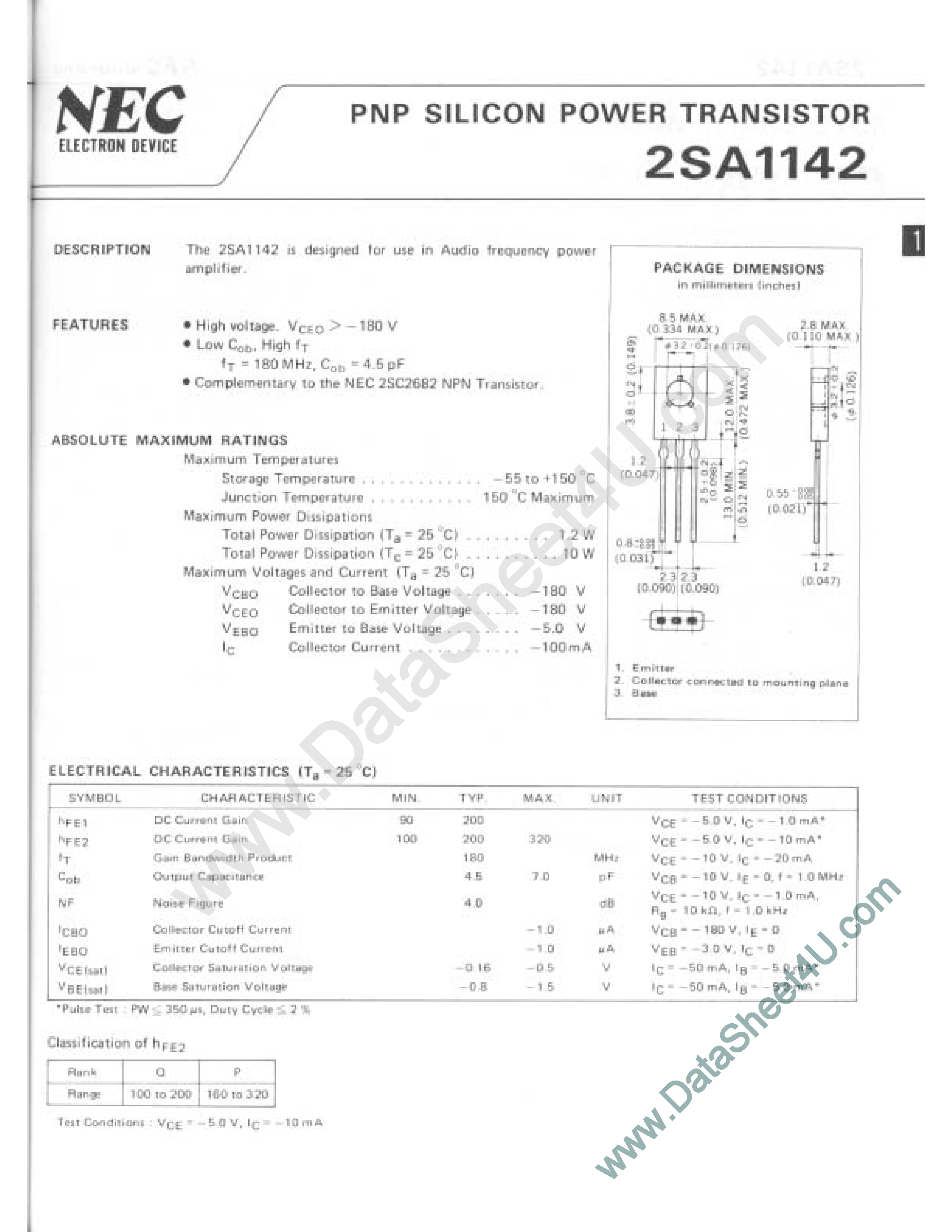 Datasheet 2SA1142 - PNP SILICON POWER TRANSISTOR page 1