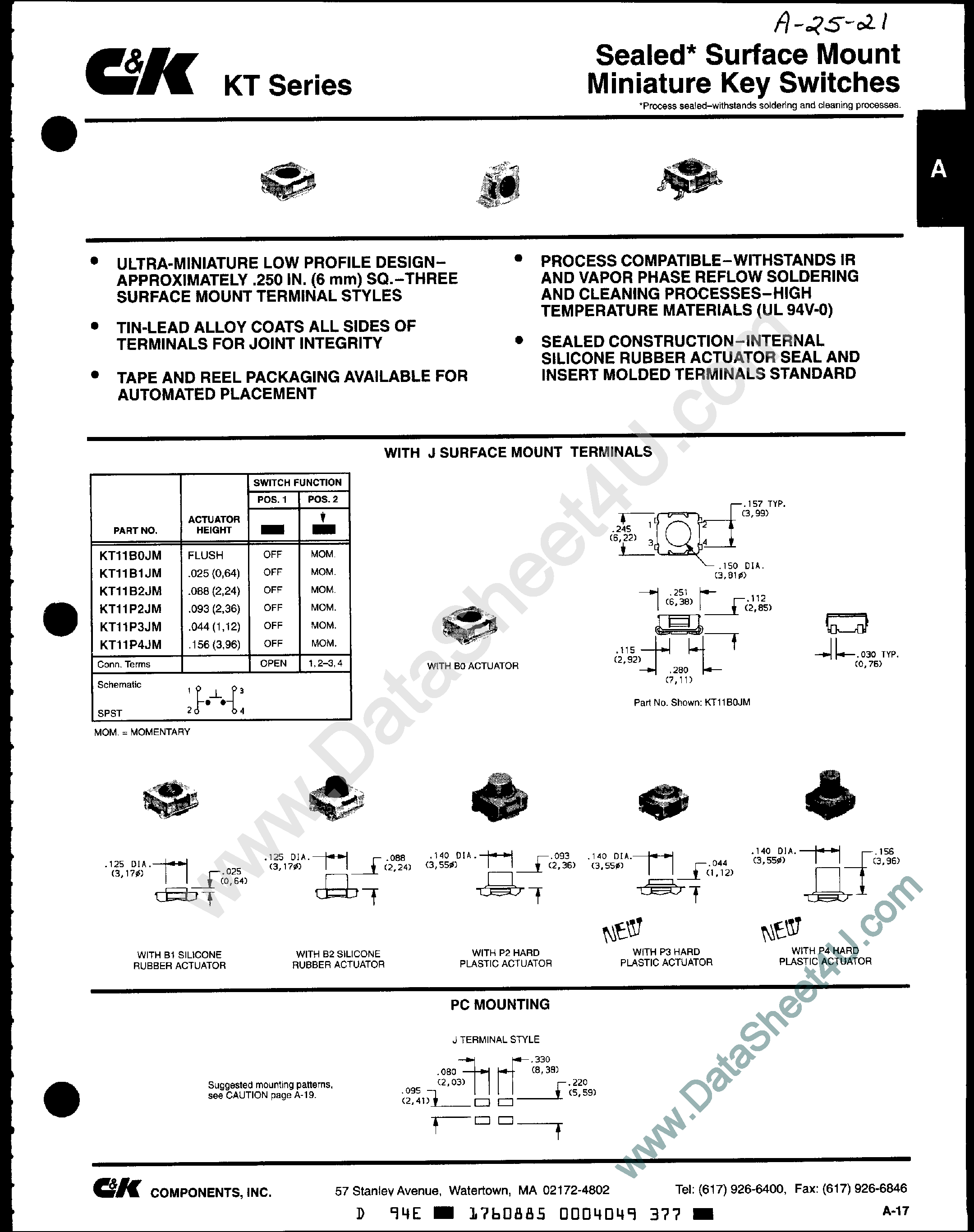Datasheet KT11B0JM - (KT Series) Miniature Key Switches page 1