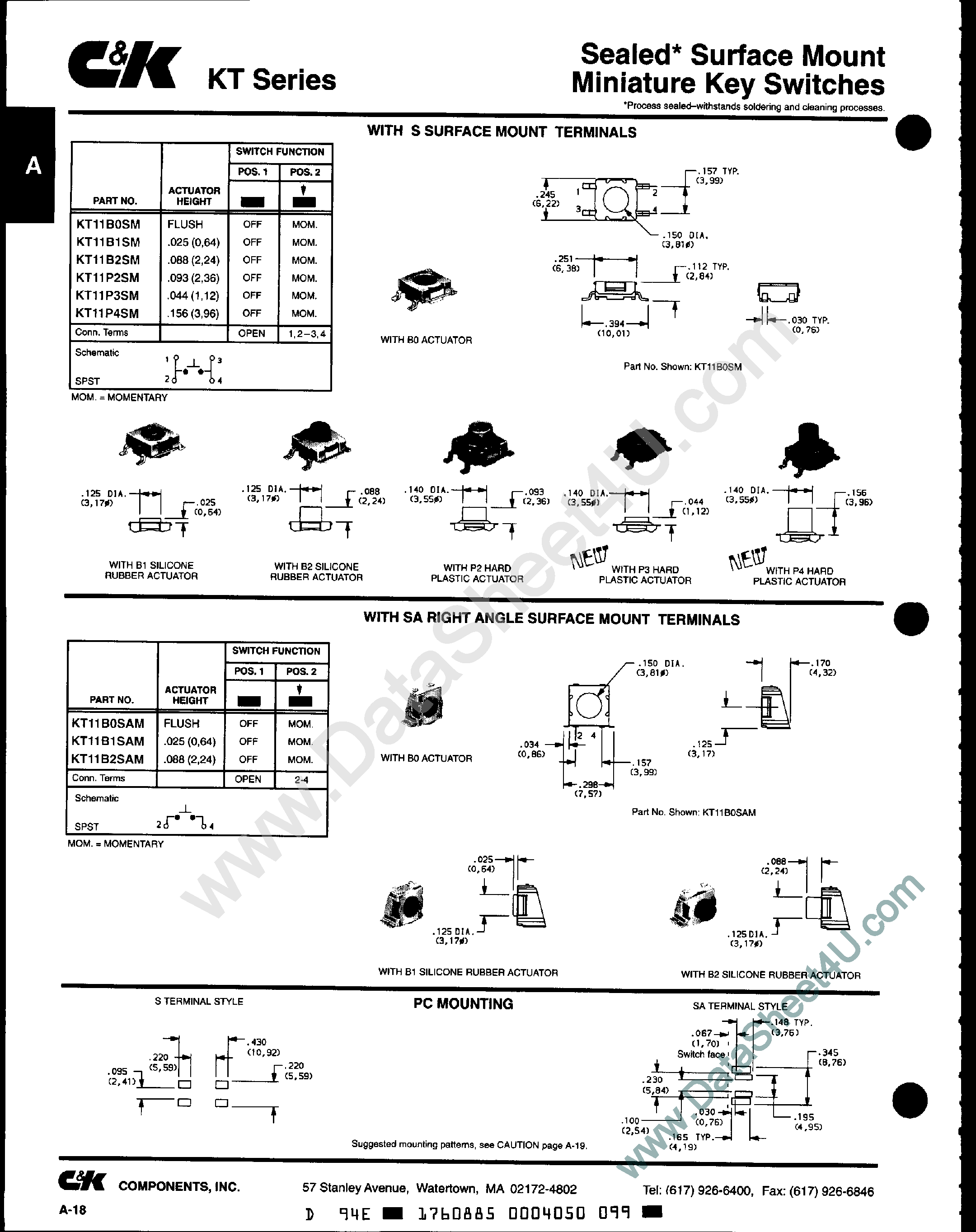 Datasheet KT11B0SM - (KT Series) Miniature Key Switches page 1