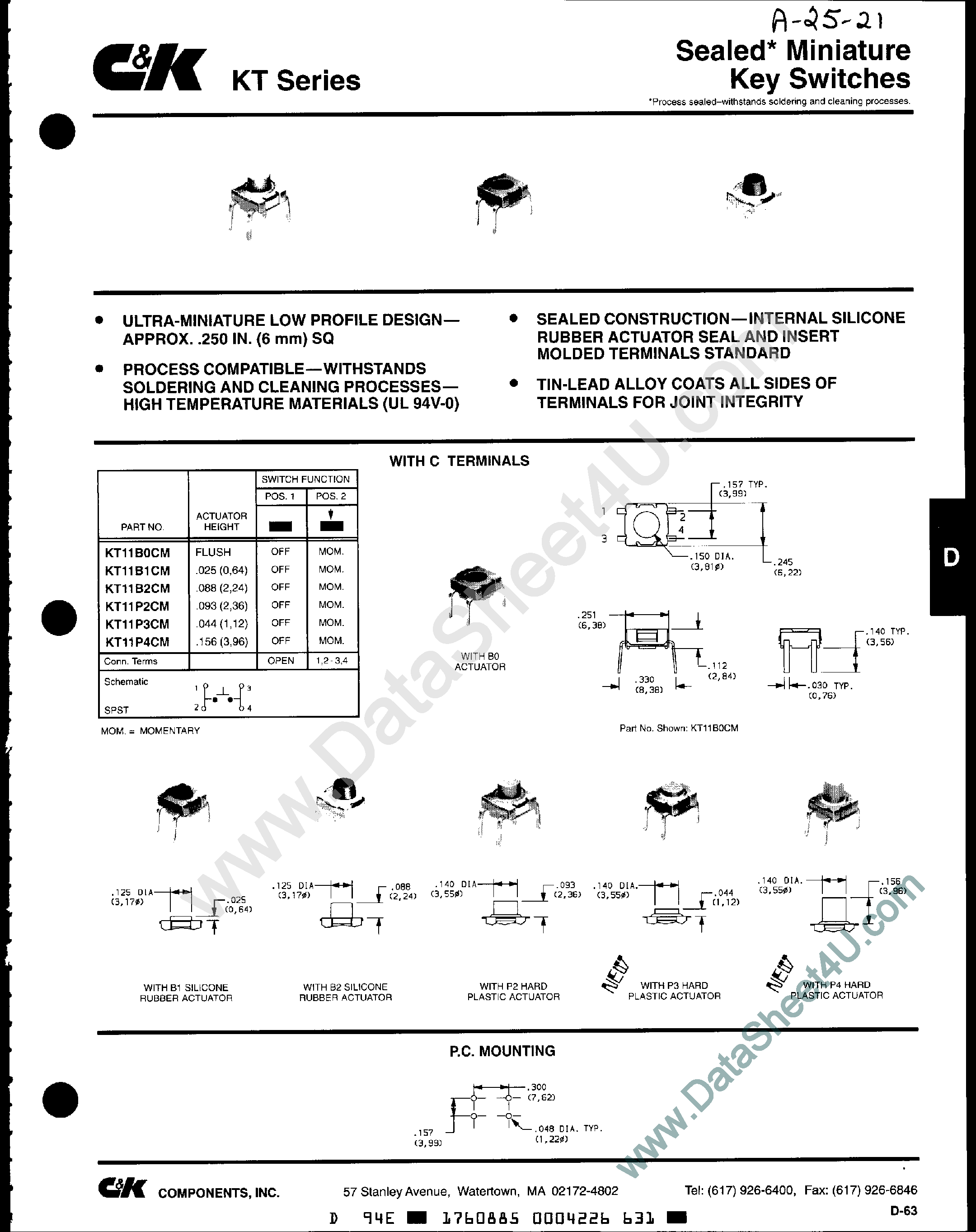 Datasheet KT11B0CM - (KT Series) Miniature Key Switches page 1