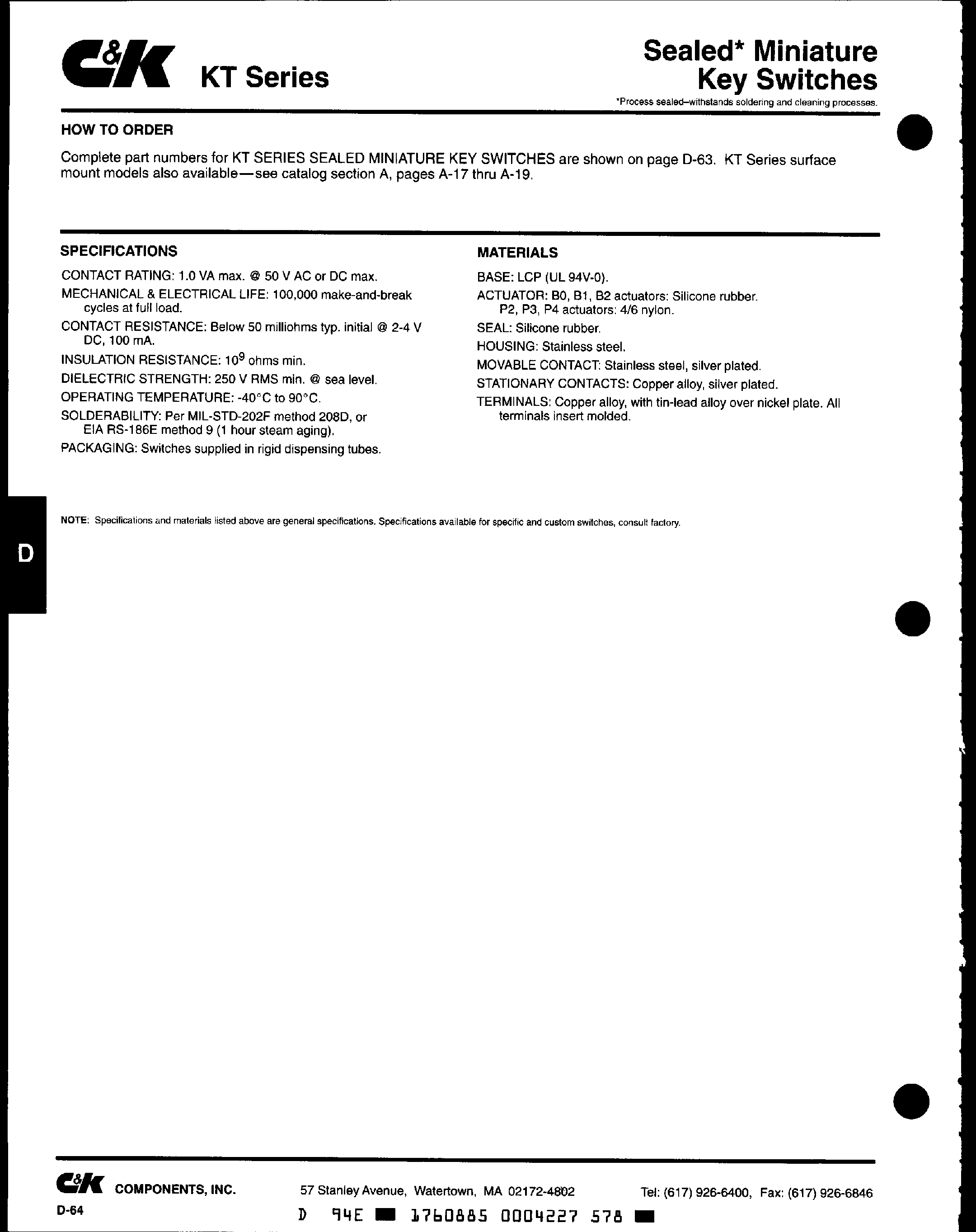Datasheet KT11B0CM - (KT Series) Miniature Key Switches page 2